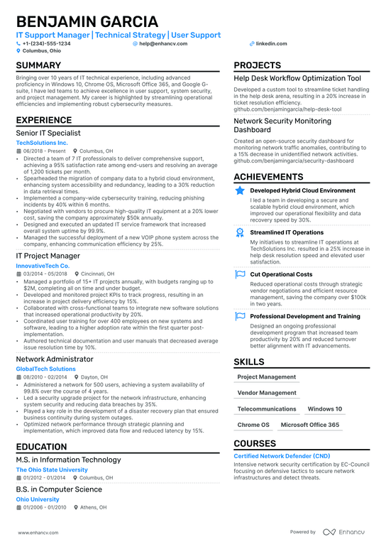 IT Support Manager Resume Example