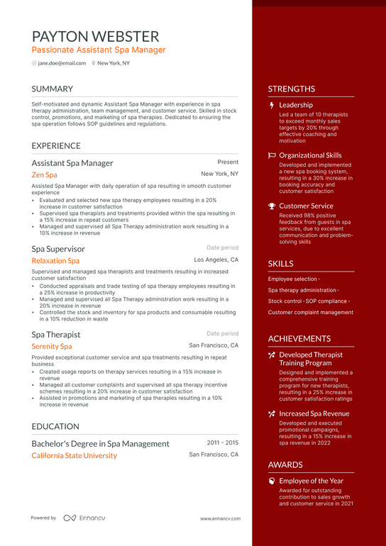 Assistant Spa Manager Resume Example