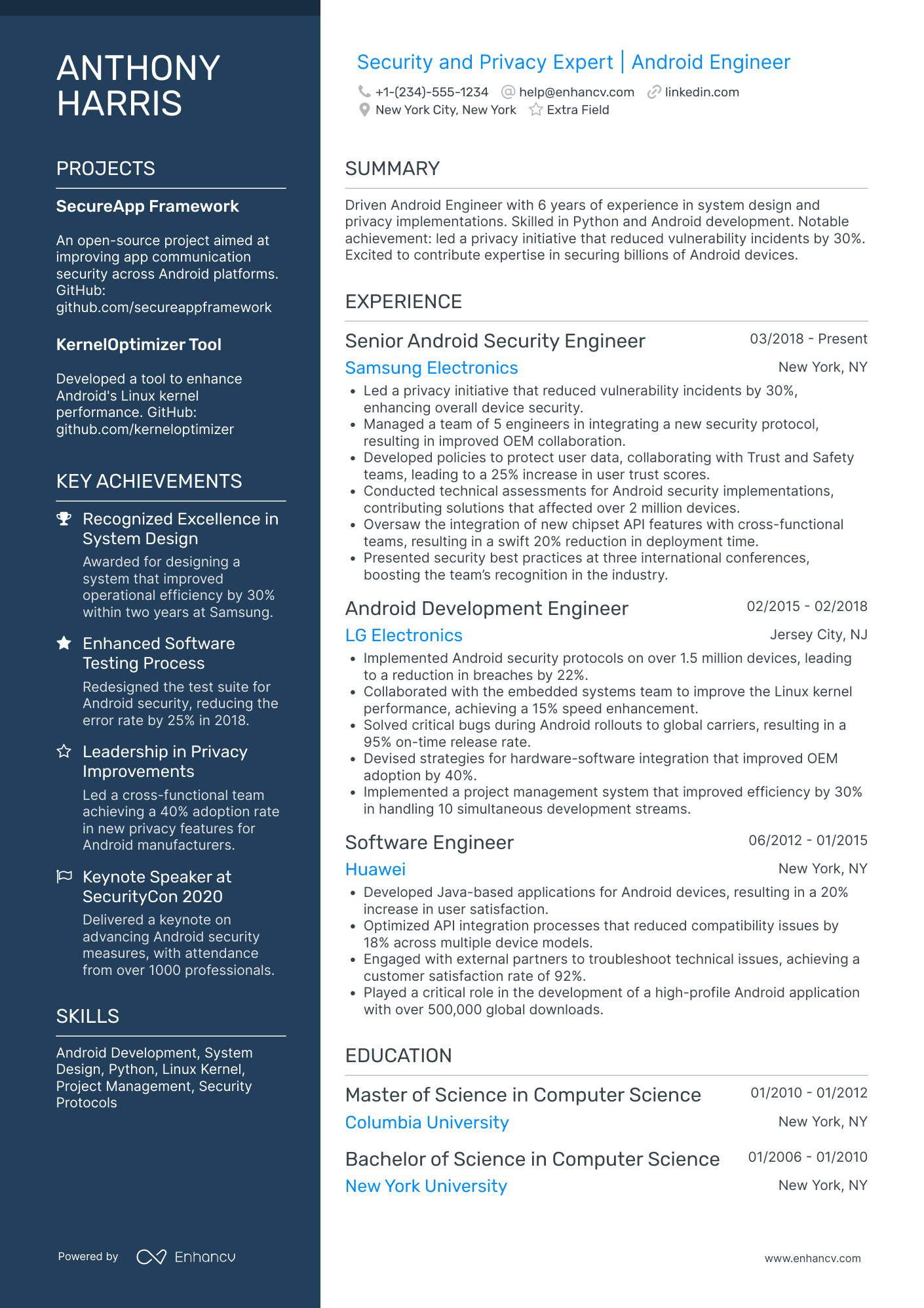 Android Kernel Developer Resume Example