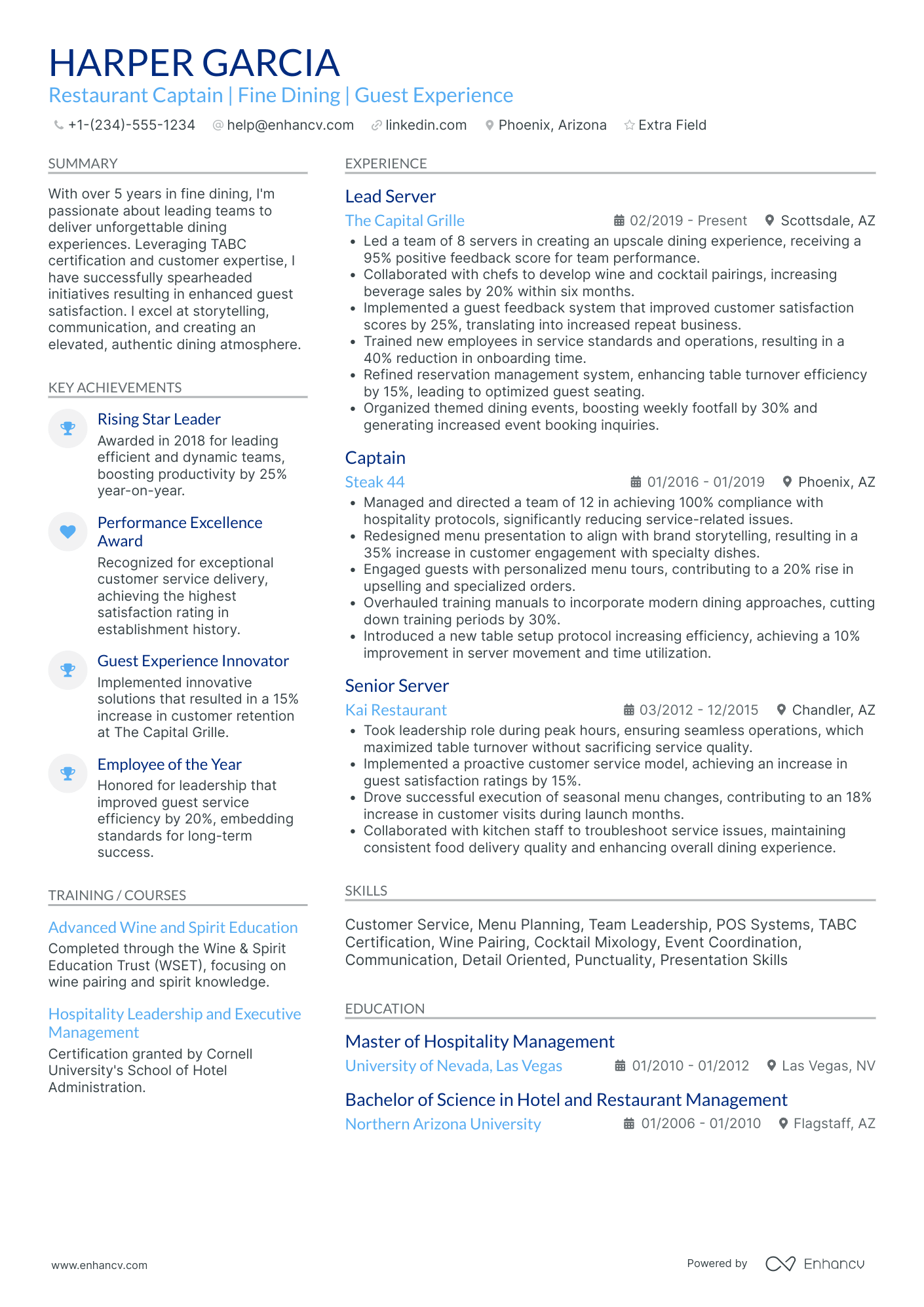 Fine Dining Server Captain Resume Example