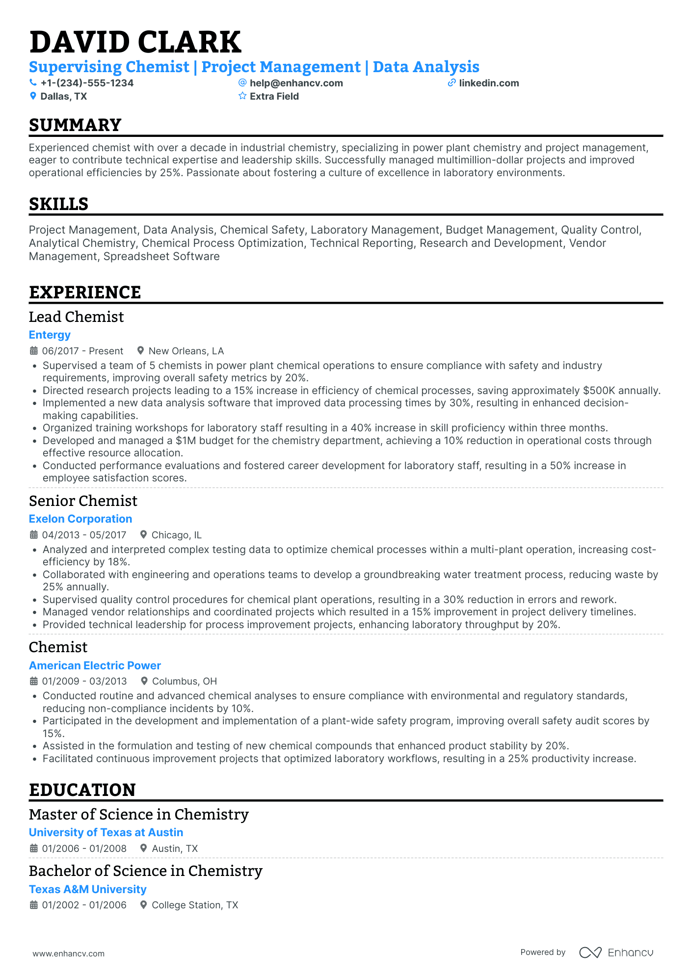 Industrial Chemist Resume Example