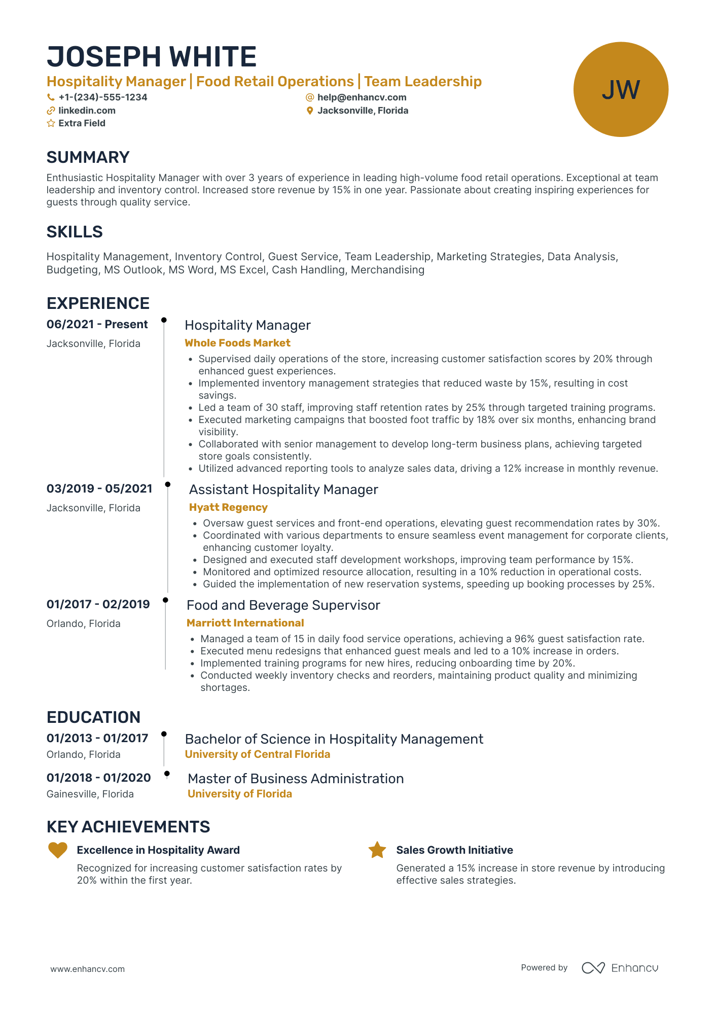 Hospitality Services Manager Resume Example