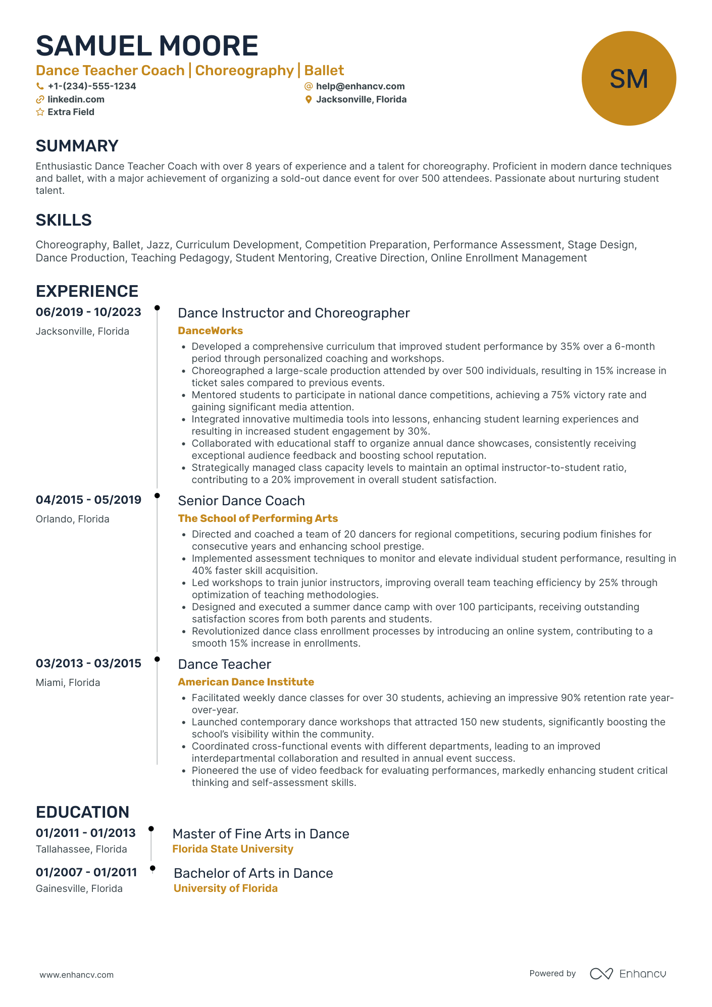 Dance Teacher Coach Resume Example