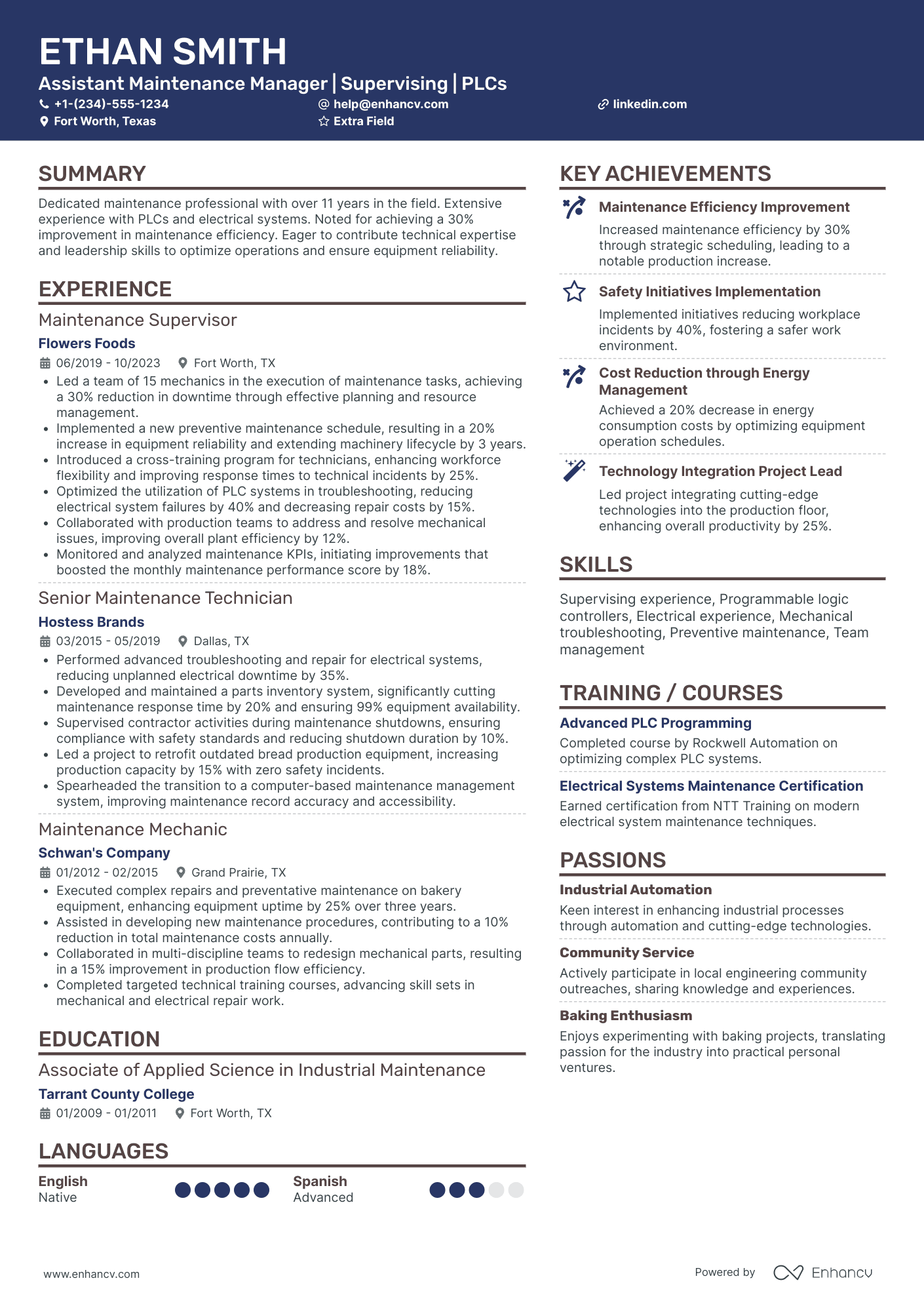 Assistant Manufacturing Manager Resume Example