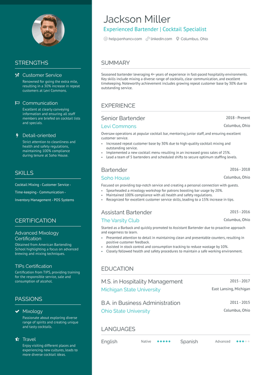 Theatre Concessions Lead Bartender Resume Example