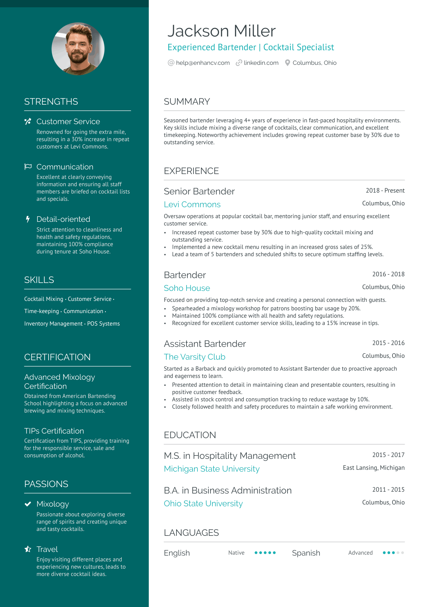 Theatre Concessions Lead Bartender Resume Example