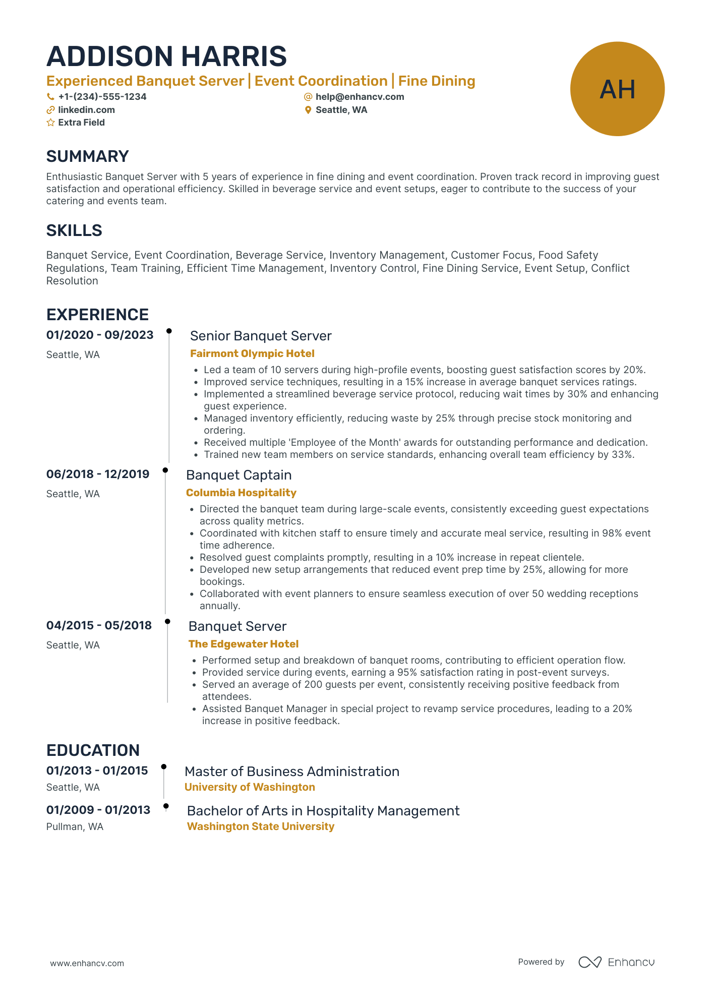 Fine Dining Banquet Server Resume Example