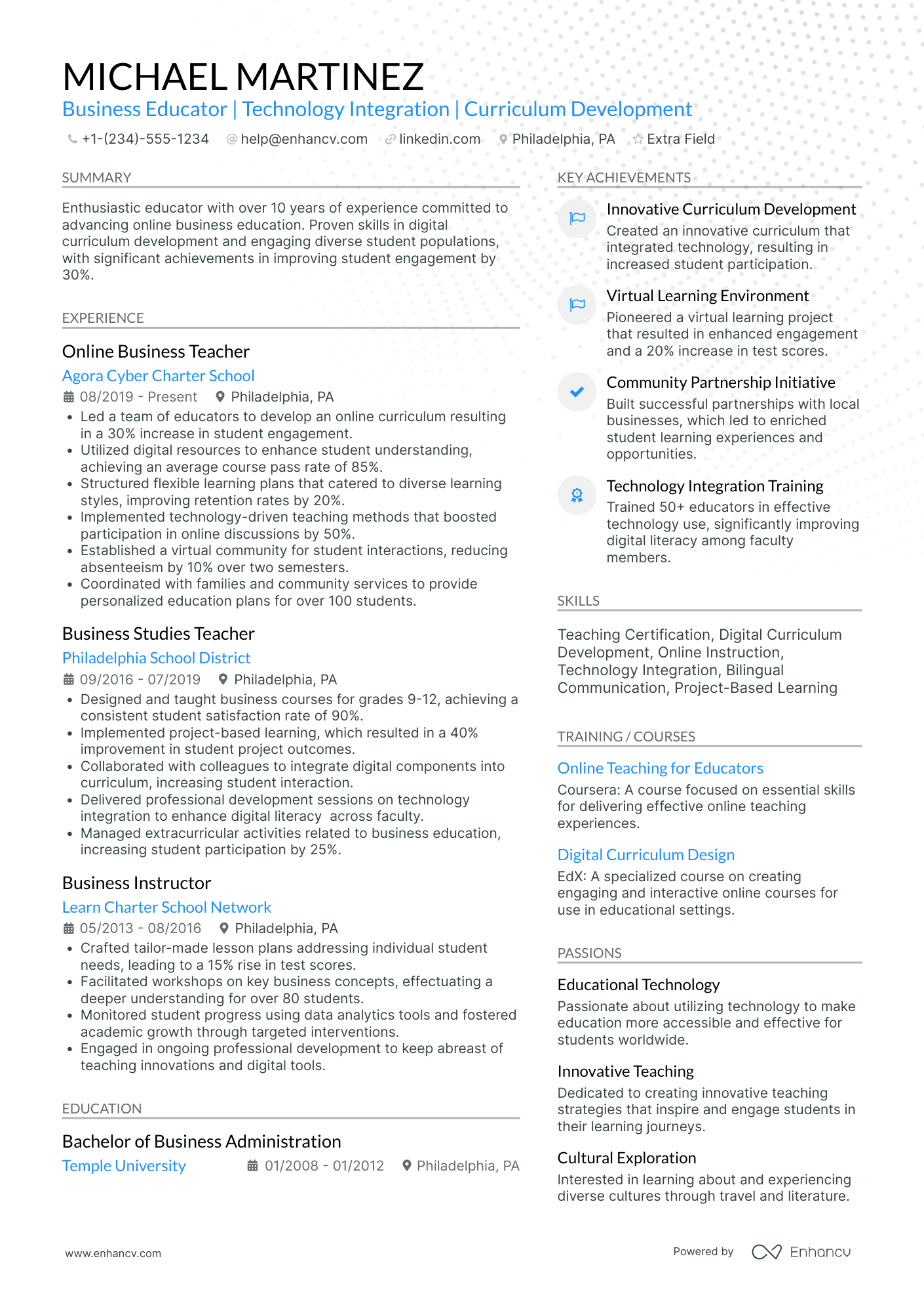 Online Business Studies Teacher Resume Example