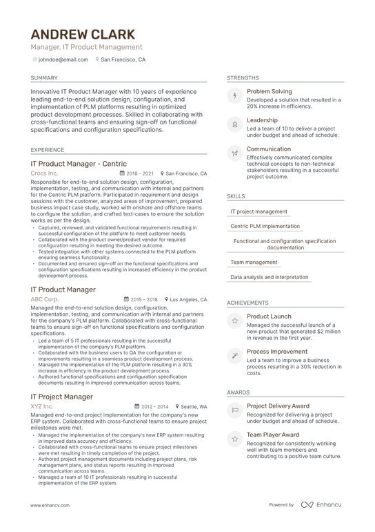 IT Product Manager Resume Example