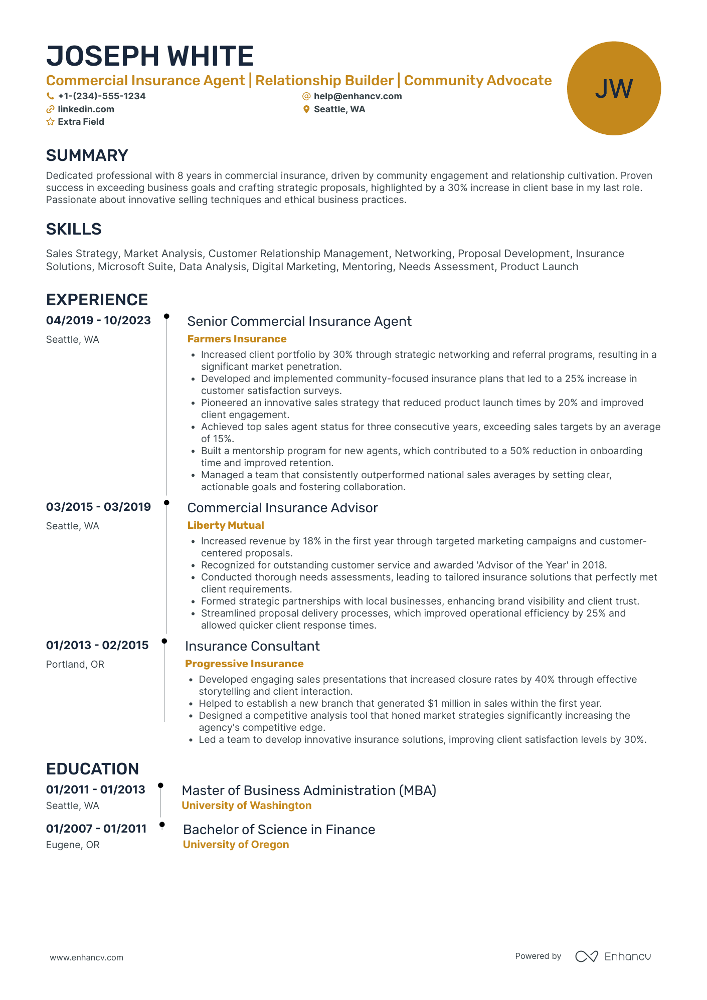 Commercial Insurance Agent Resume Example