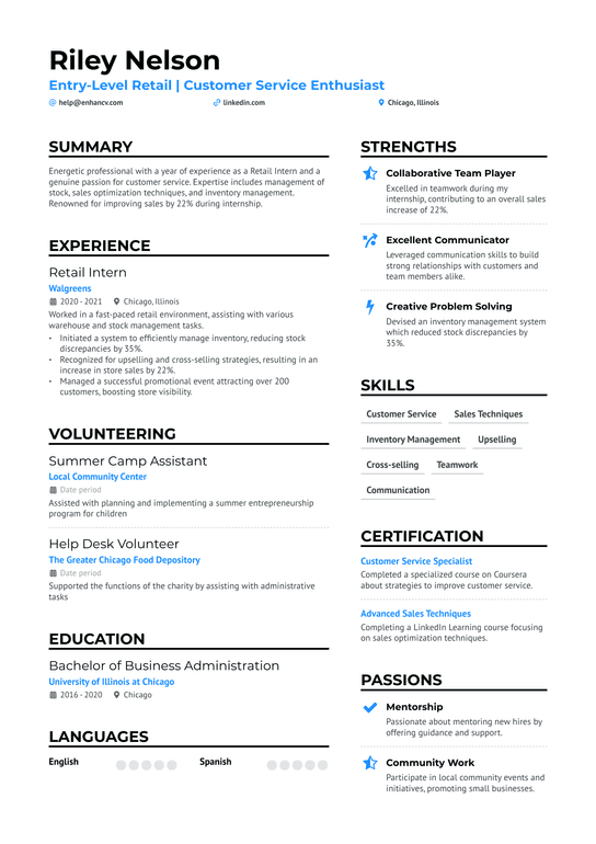 Entry Level Retail Resume Example