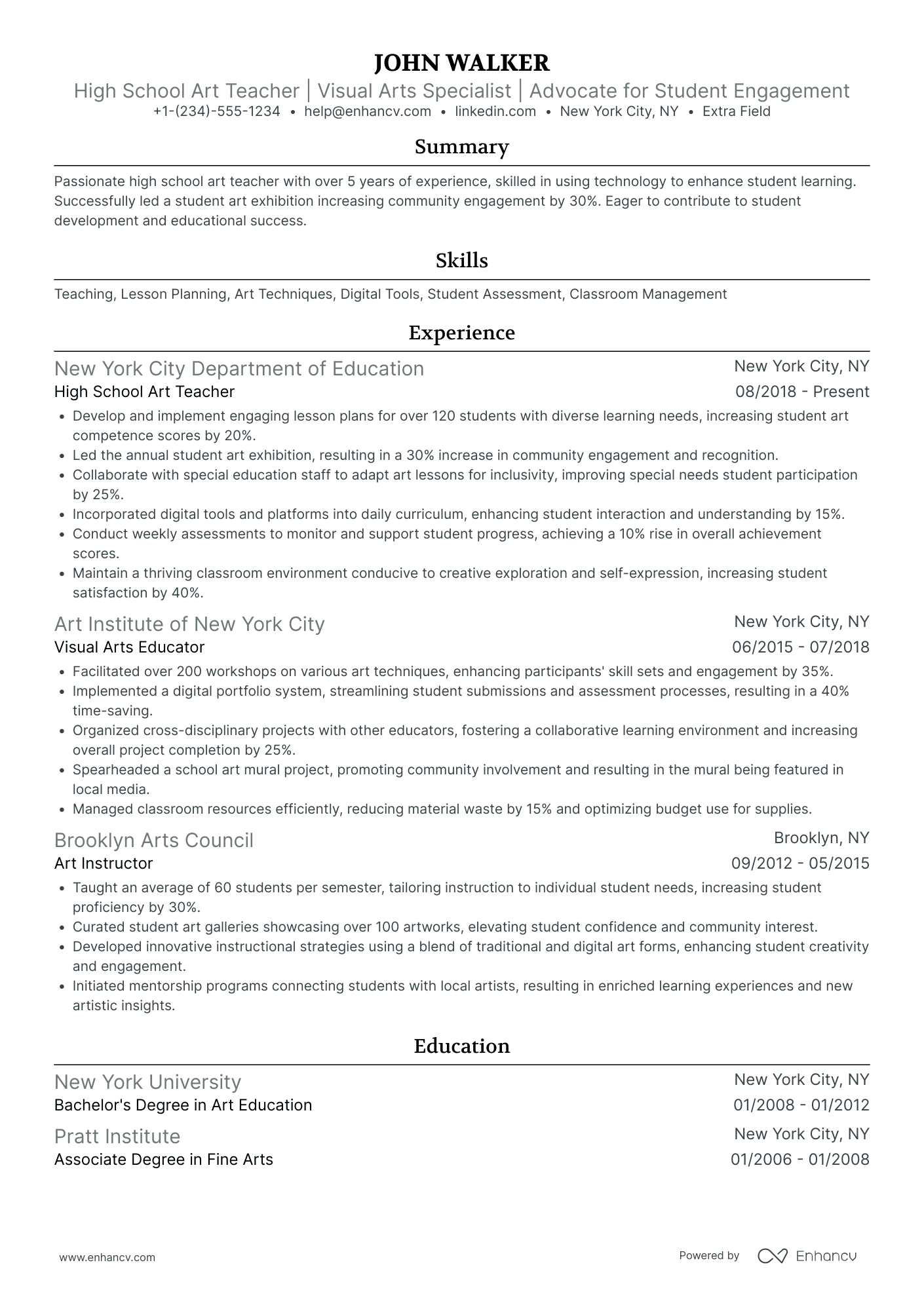 After School Art Teacher Resume Example