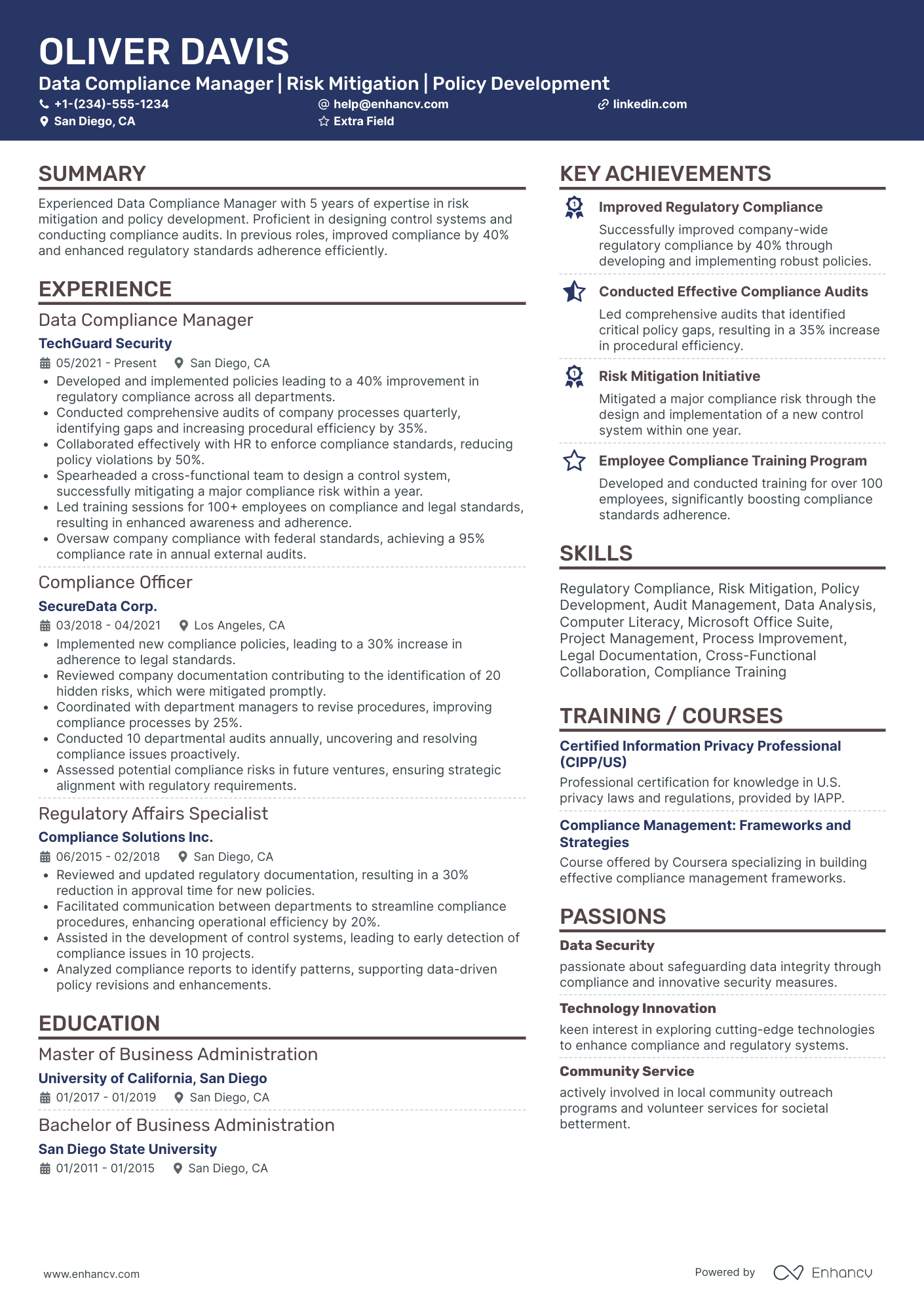 Data Compliance Manager Resume Example