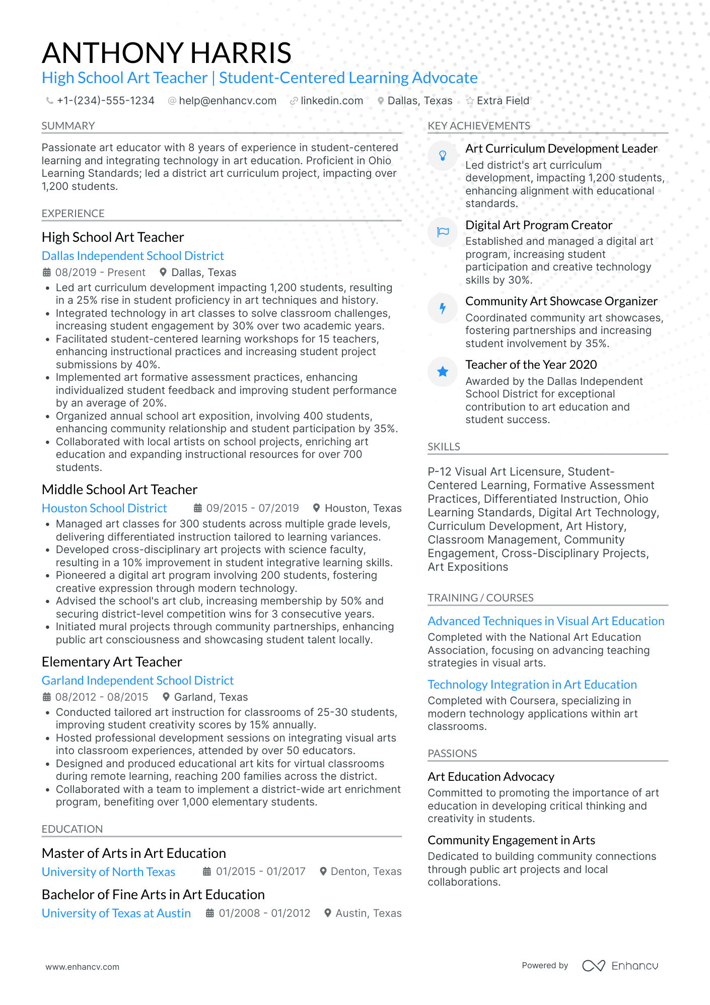 High School Art Teacher Resume Example