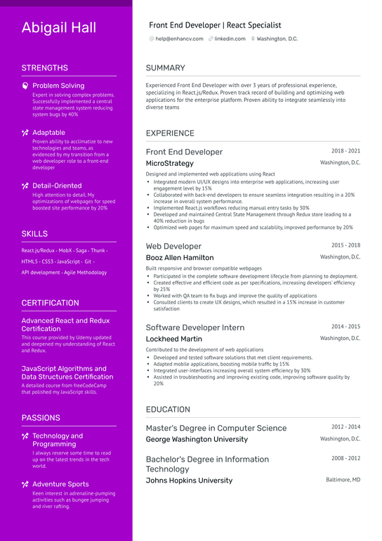 Front End React Developer Resume Example
