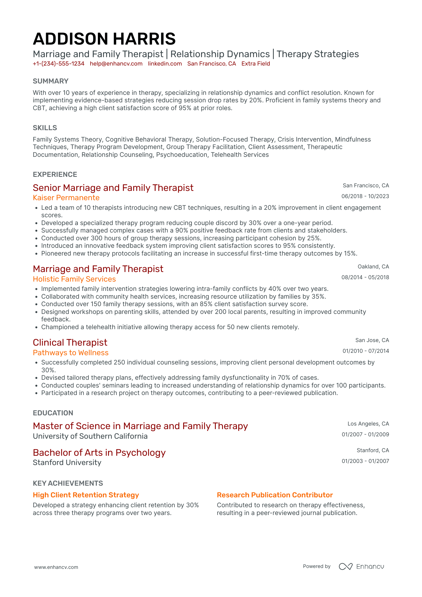 Marriage and Family Therapist (MFT) Resume Example