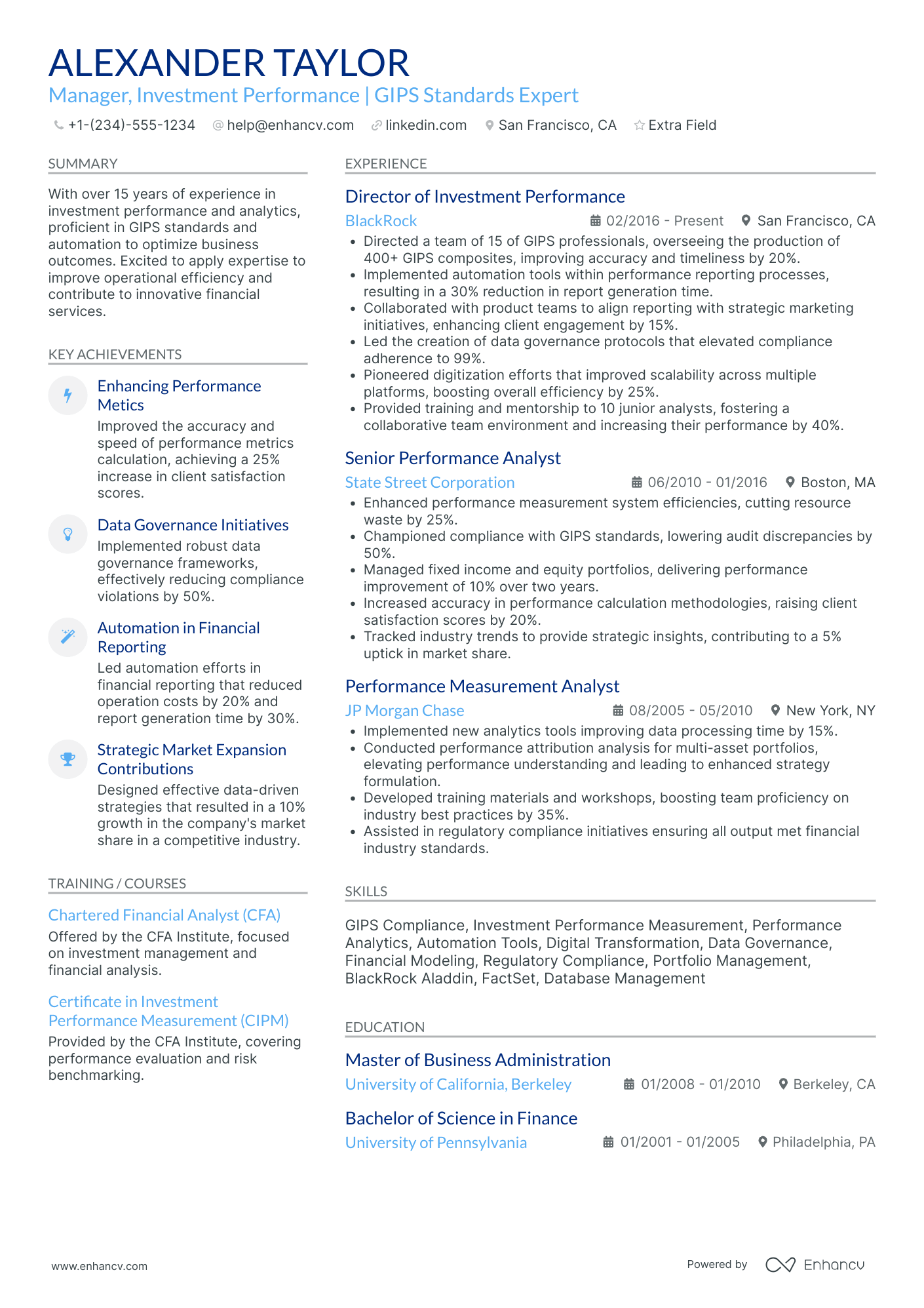 Investment Performance Manager Resume Example