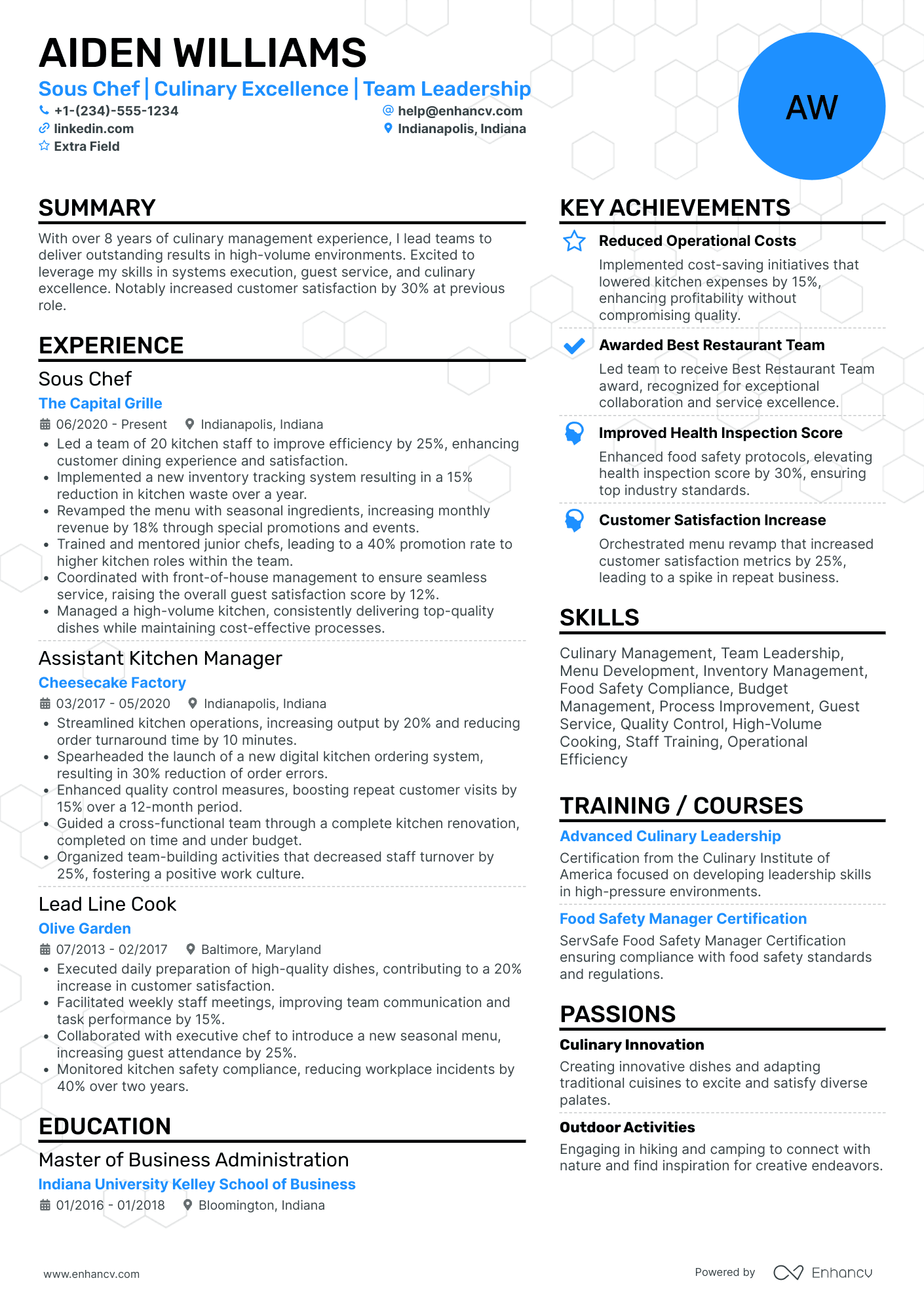 Senior Sous Chef Resume Example