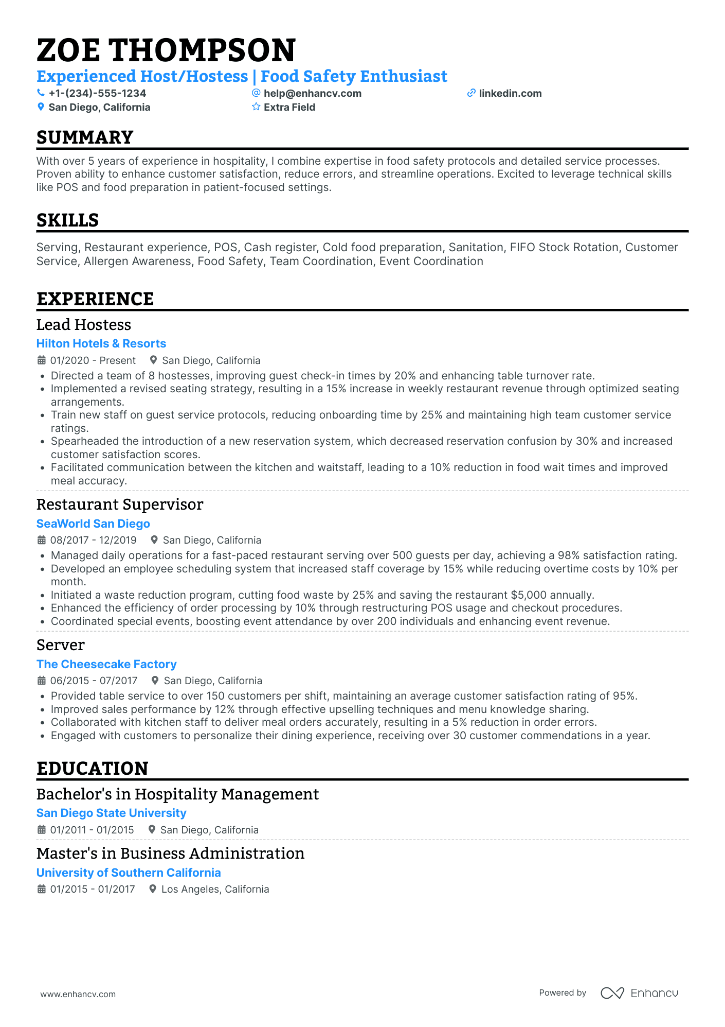 Trainee Hostess Resume Example