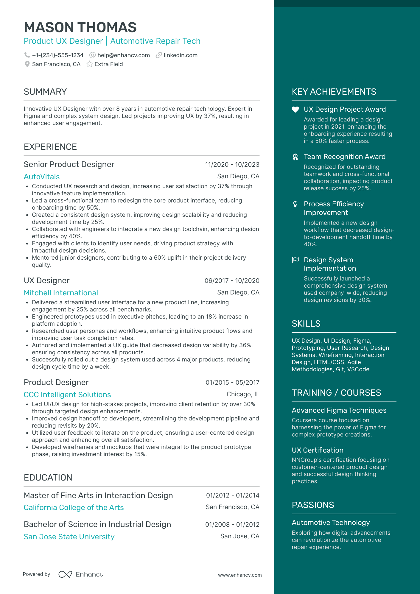 UX Product Designer Resume Example