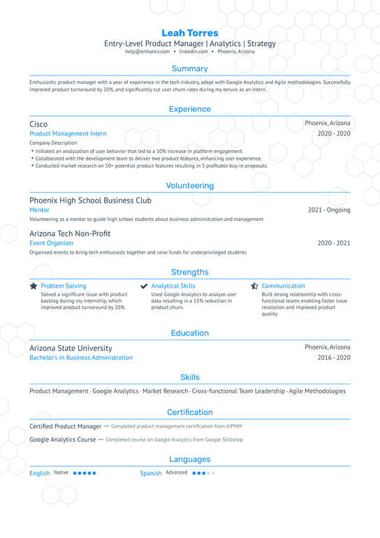 Entry Level Product Manager Resume Example