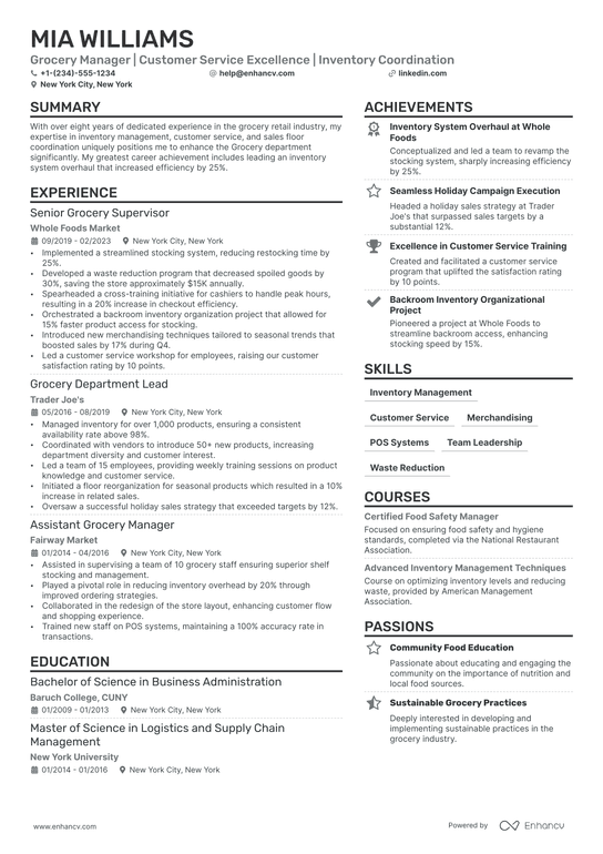 Grocery Manager Resume Example