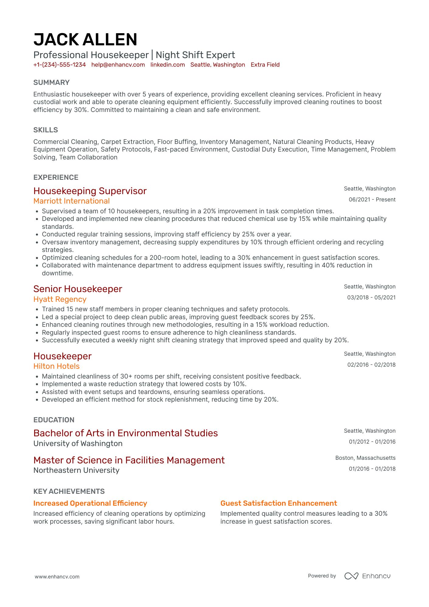 Night Housekeeper Resume Example