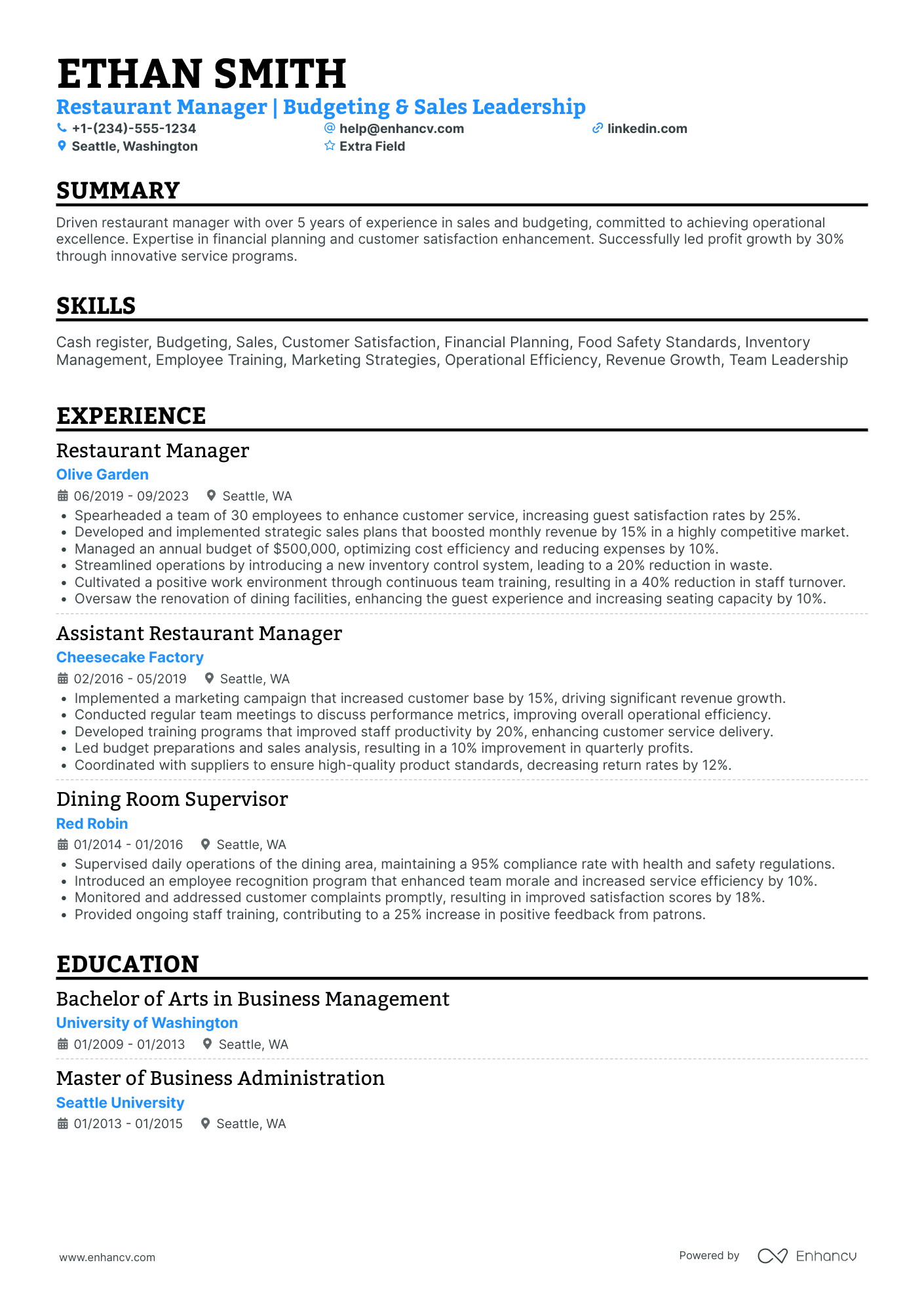 Hotel Restaurant Manager Resume Example