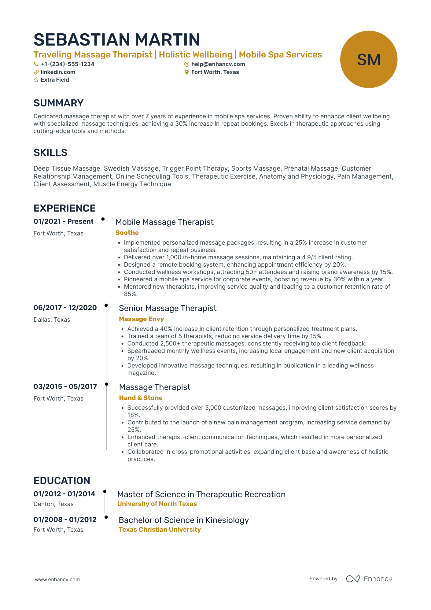 Traveling Massage Therapist Resume Example