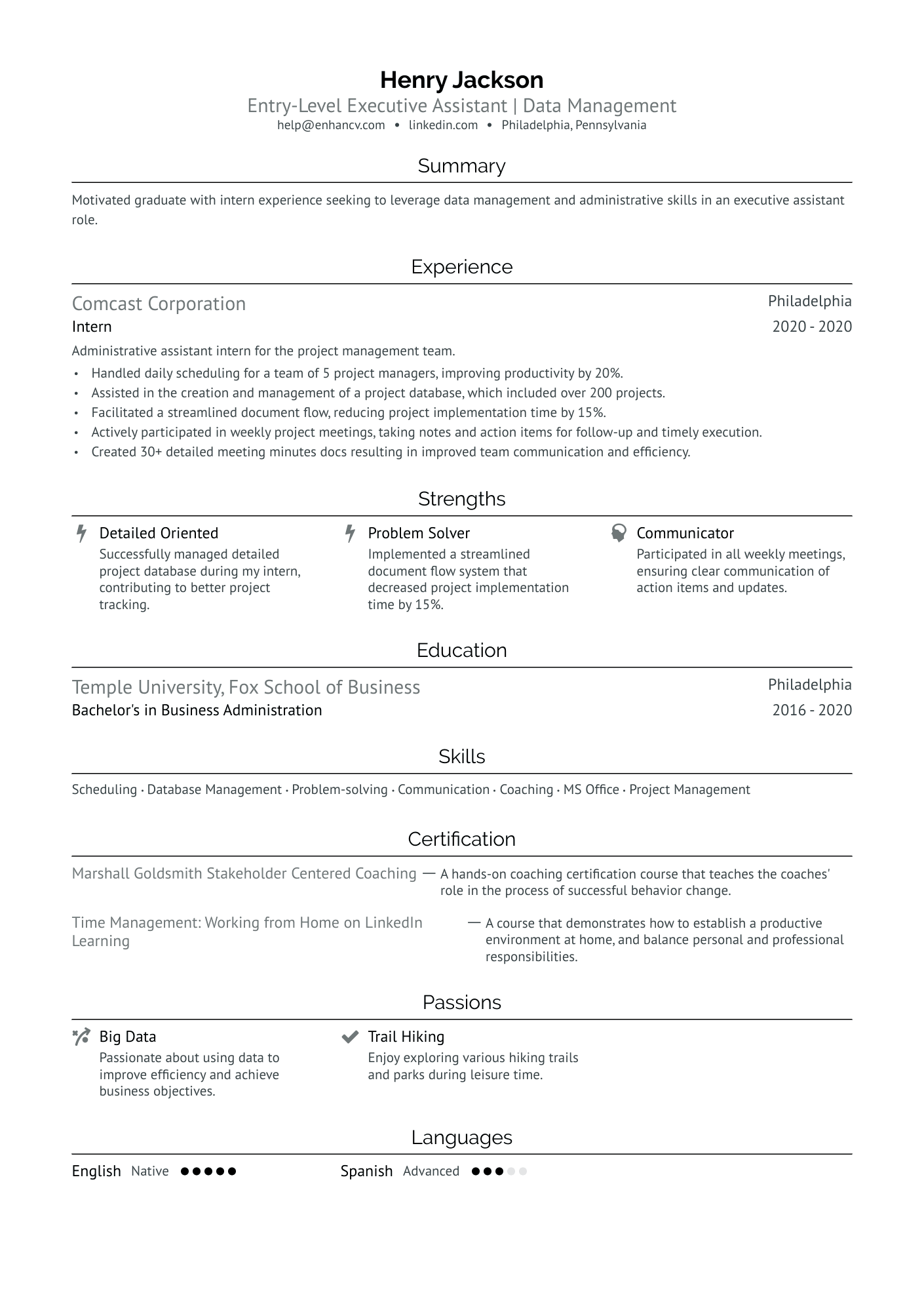 Entry Level Executive Assistant Resume Example
