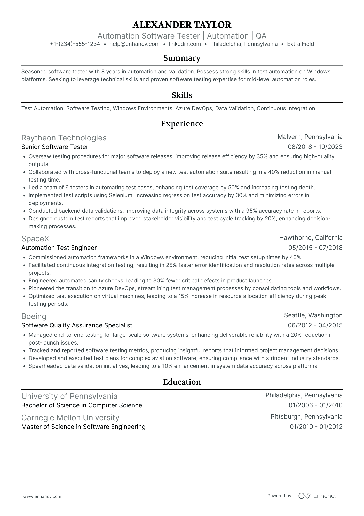 Automation Software Tester Resume Example