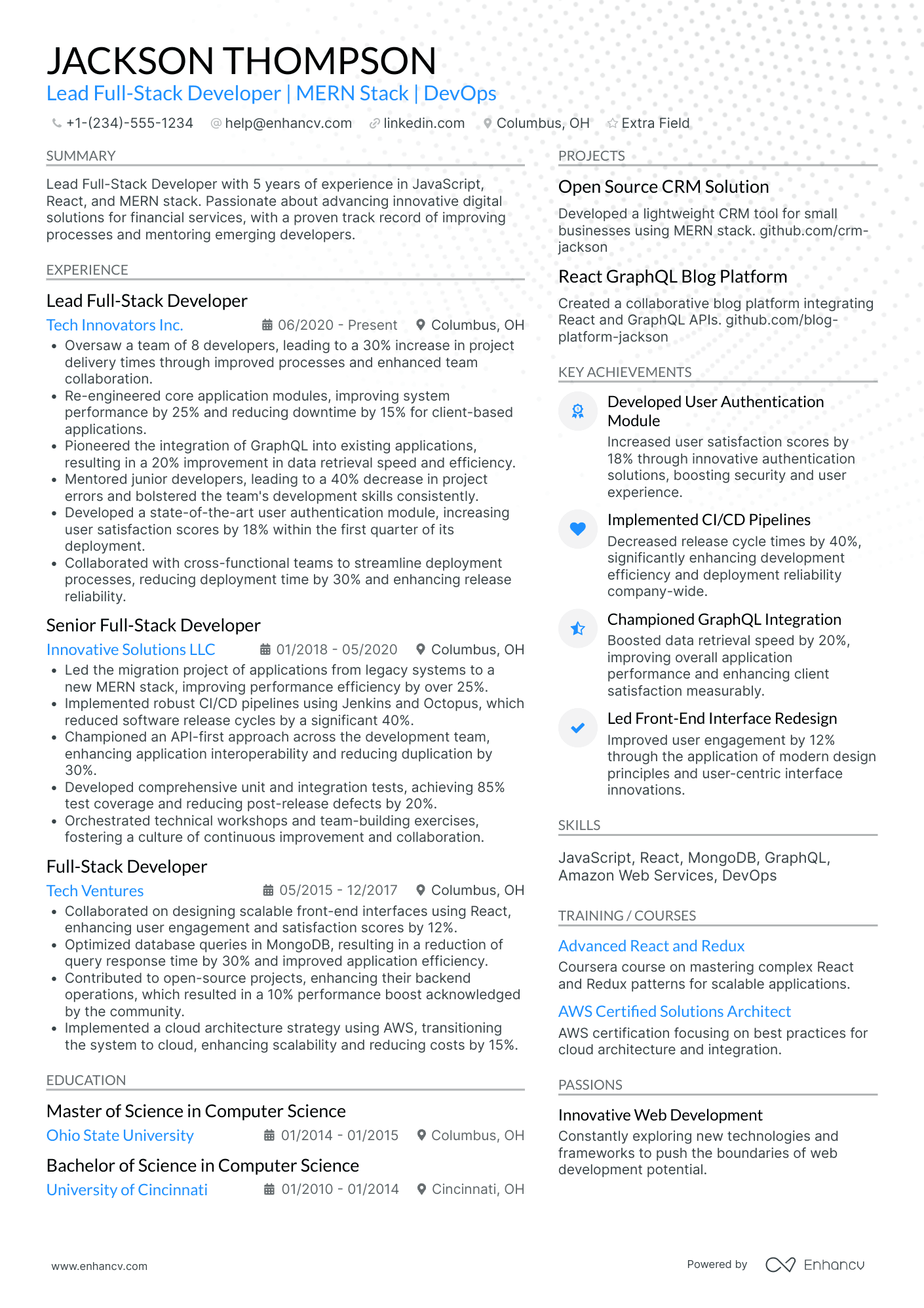 Lead React Full Stack Developer Resume Example