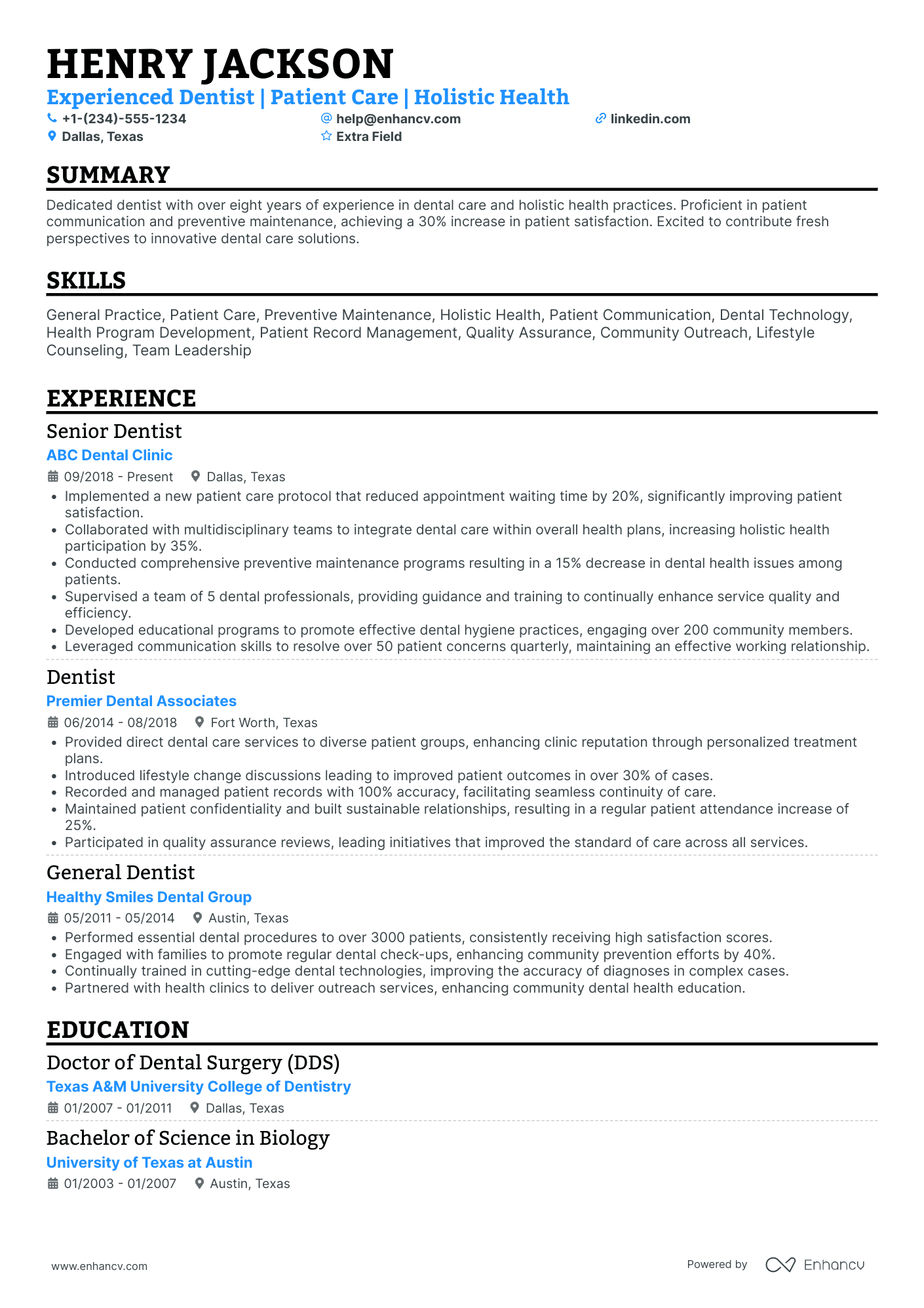 Holistic Dentist Resume Example