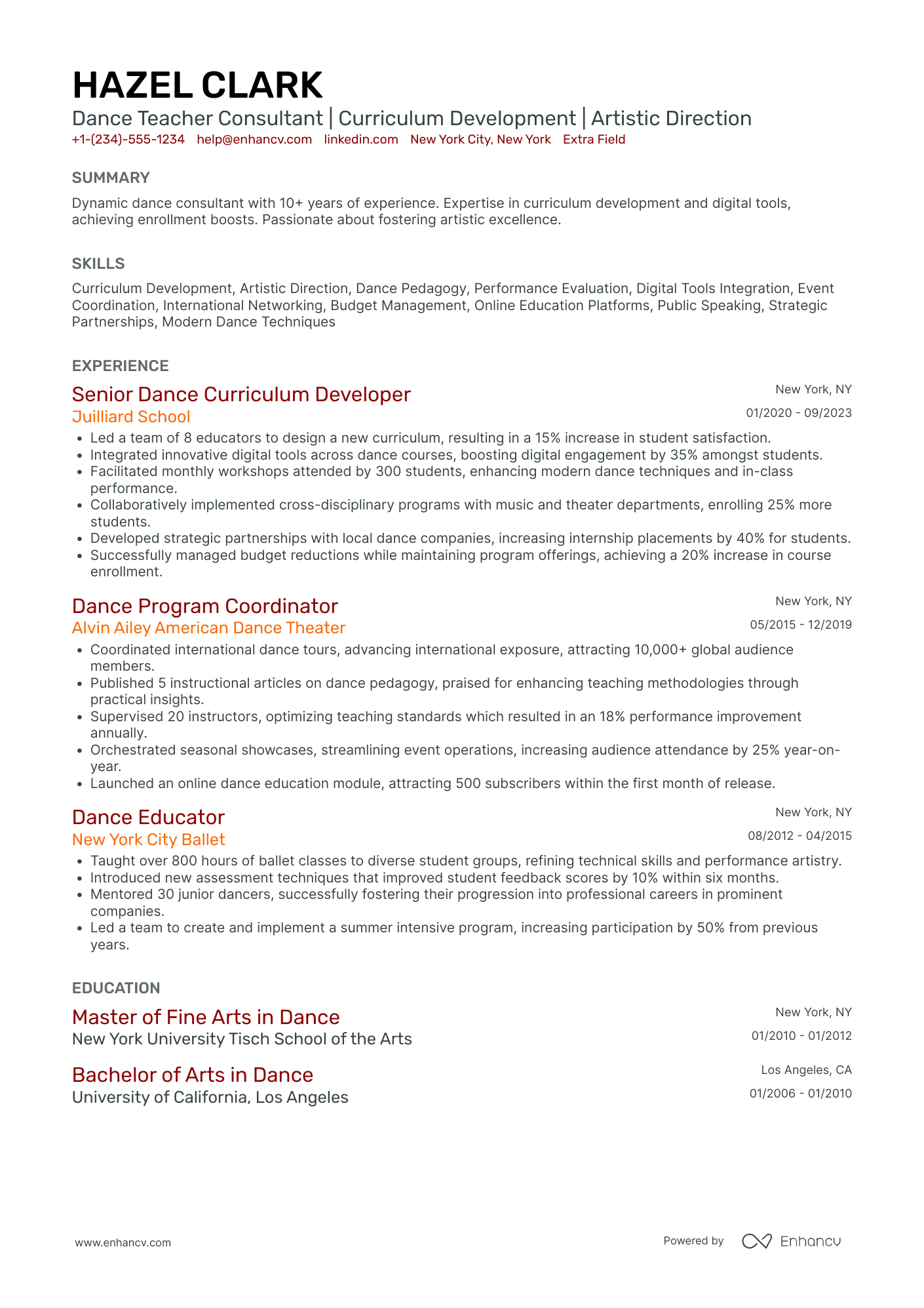 Dance Teacher Consultant Resume Example