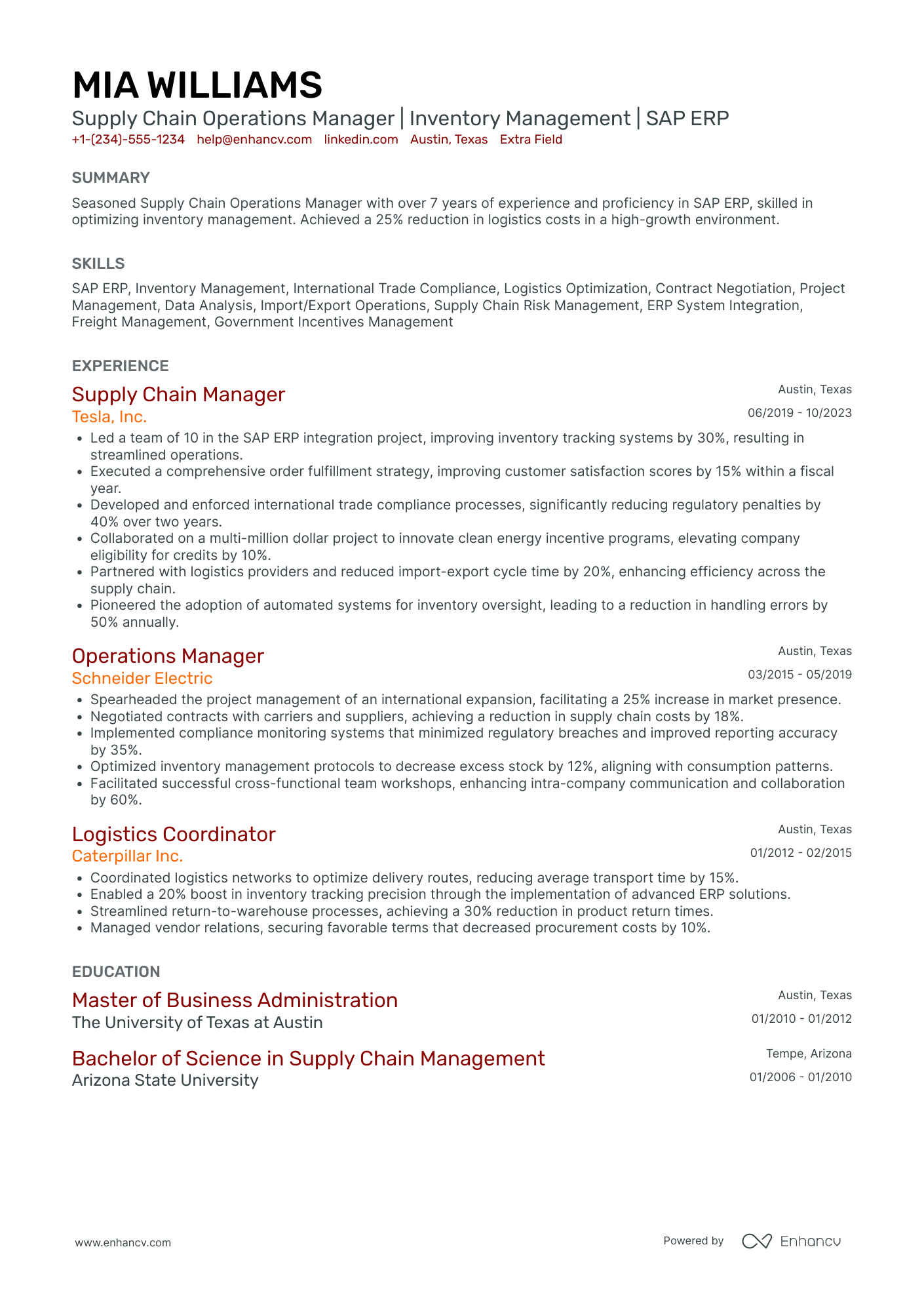 Supply Chain Operations Manager Resume Example