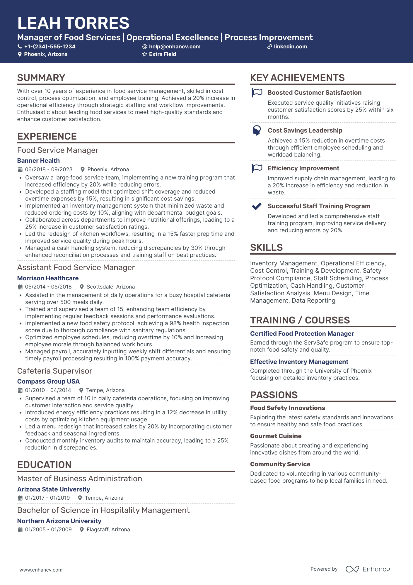 Hospital Food Service Manager Resume Example