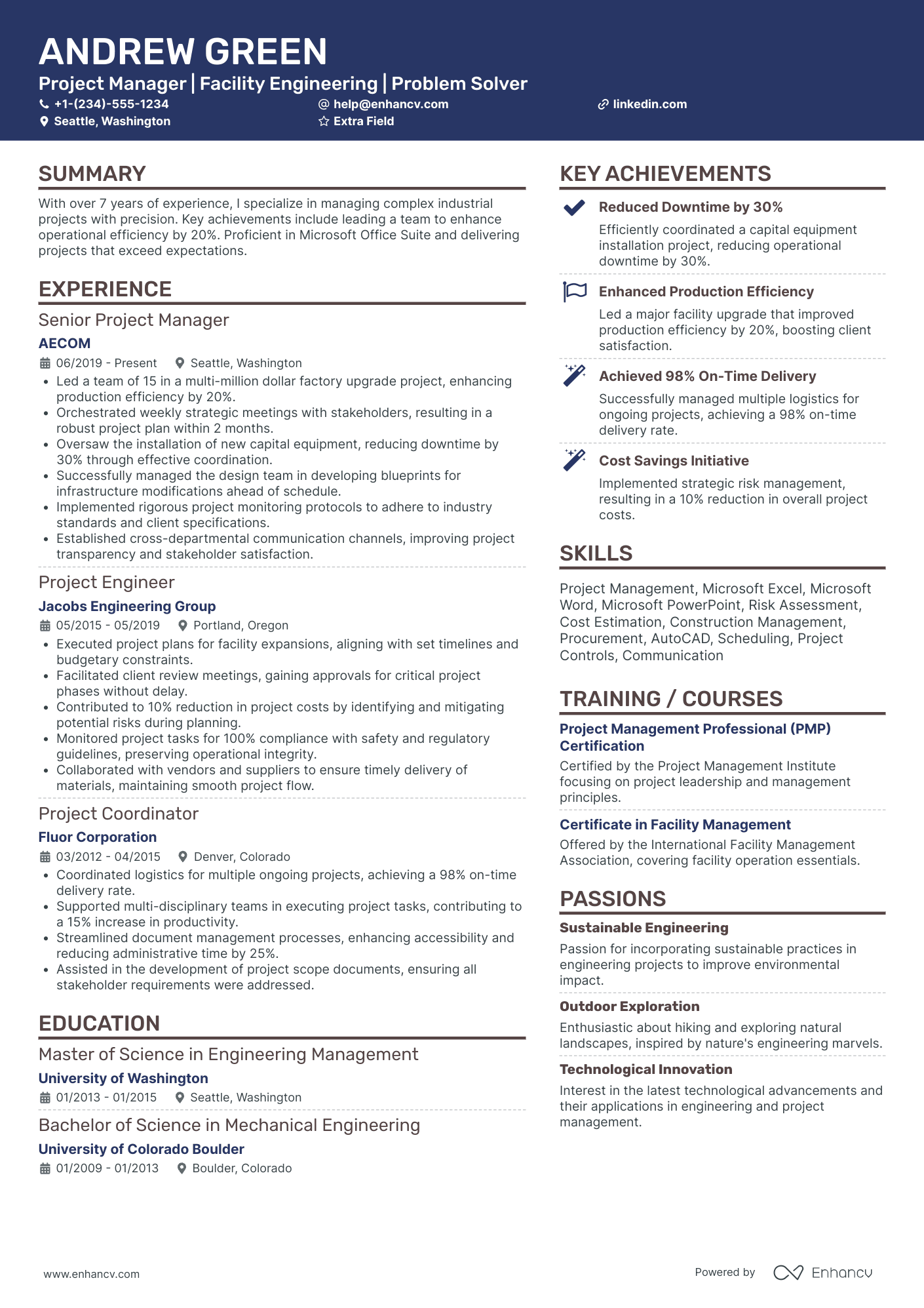 Factory Project Manager Resume Example