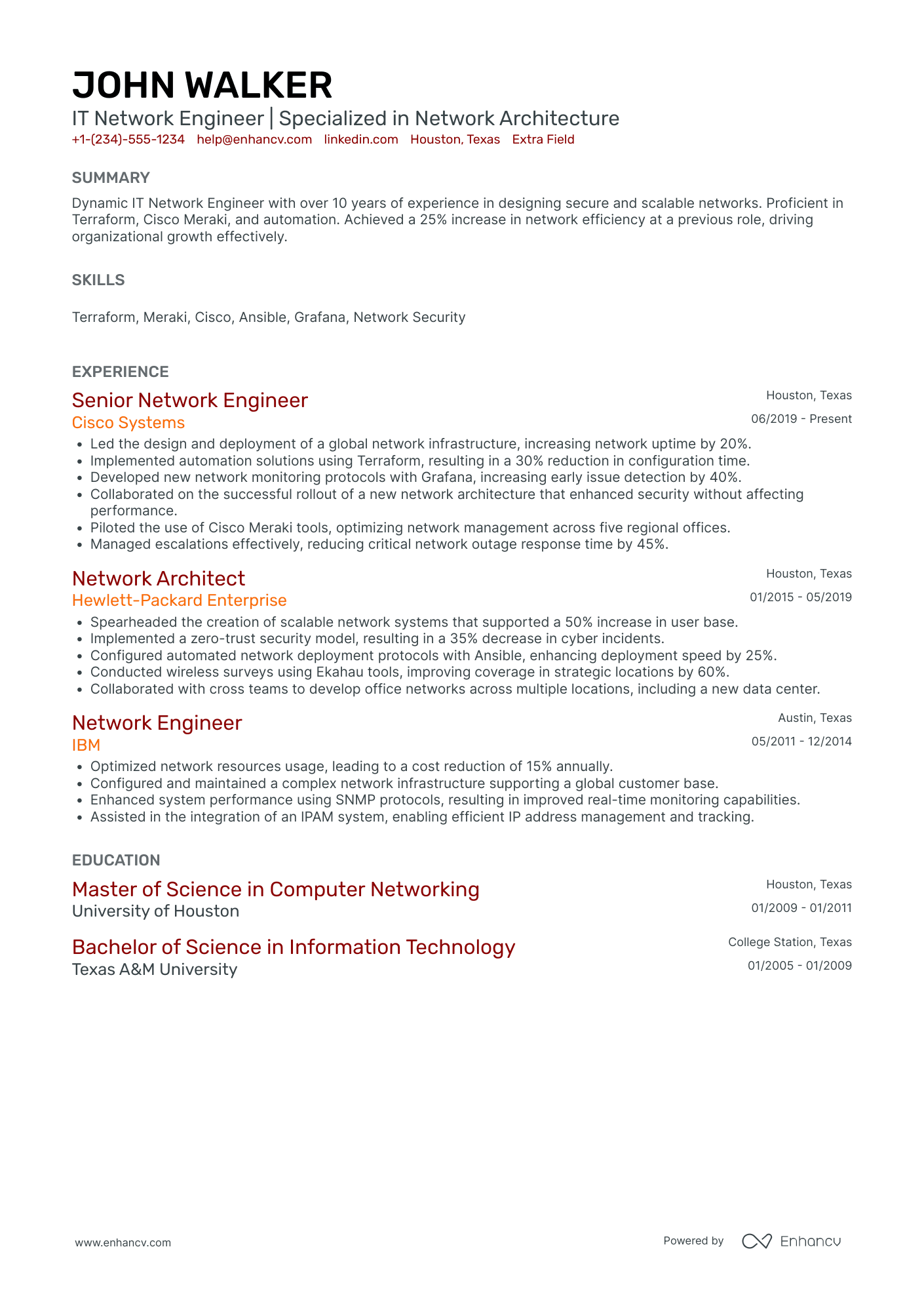 IT Network Engineer Resume Example