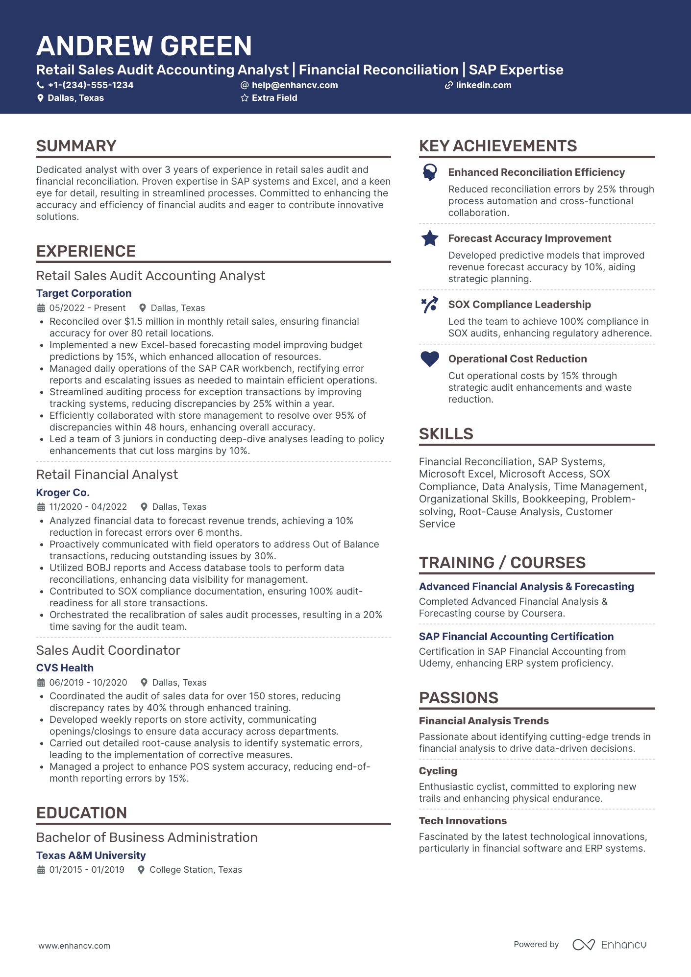 Retail Accounting Analyst Resume Example