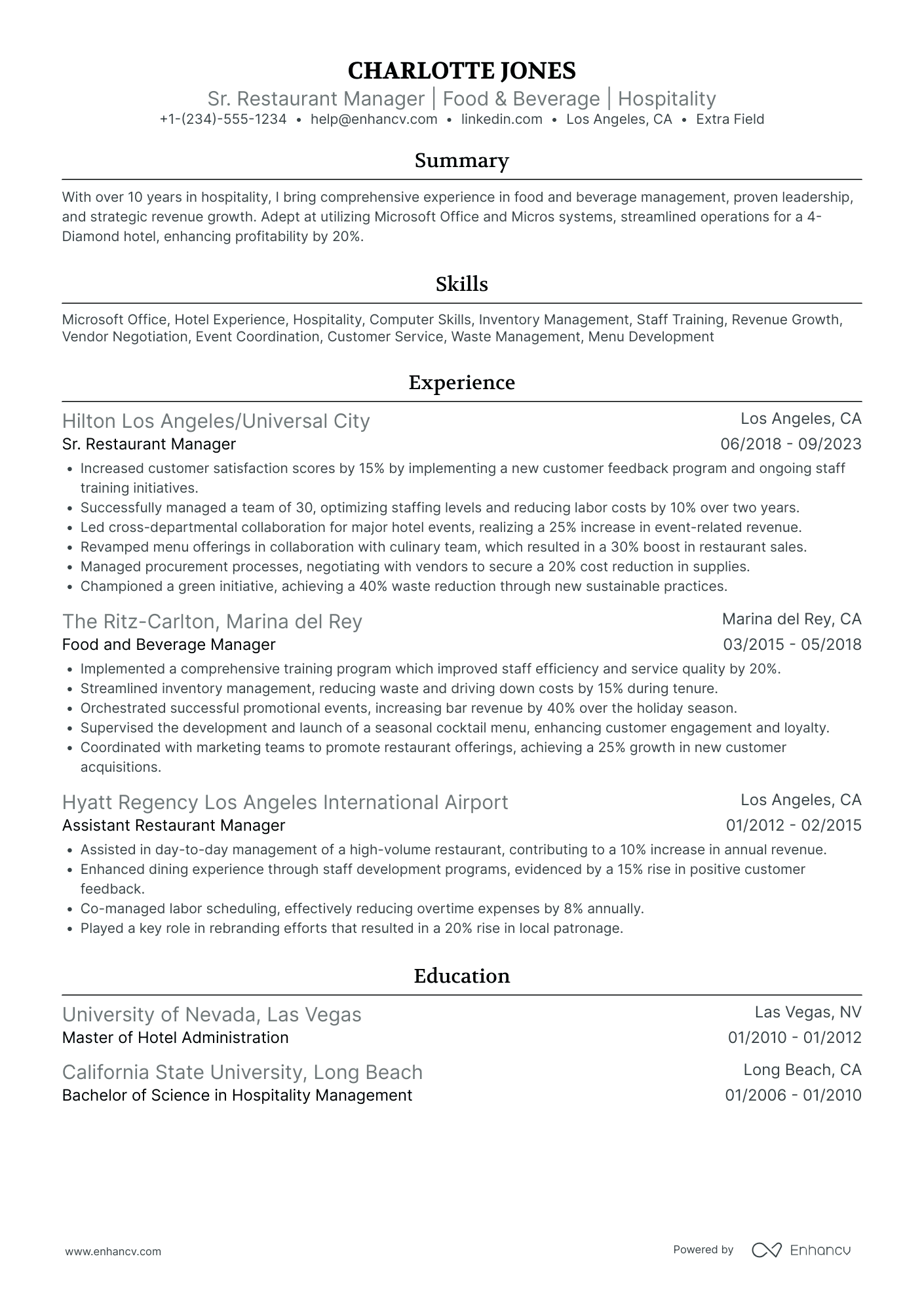 Senior Restaurant Manager Resume Example