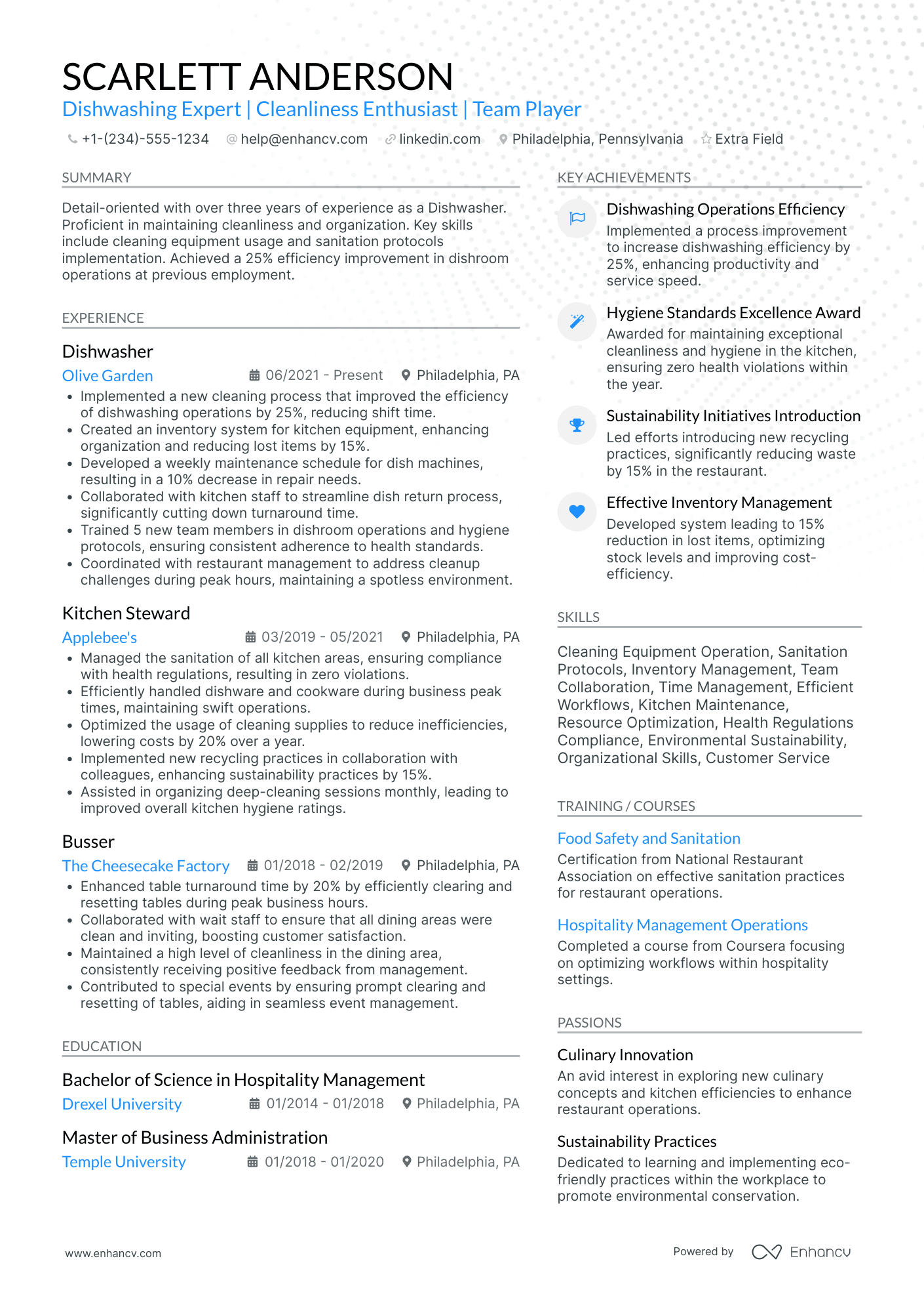 Dishwasher Crew Member Resume Example