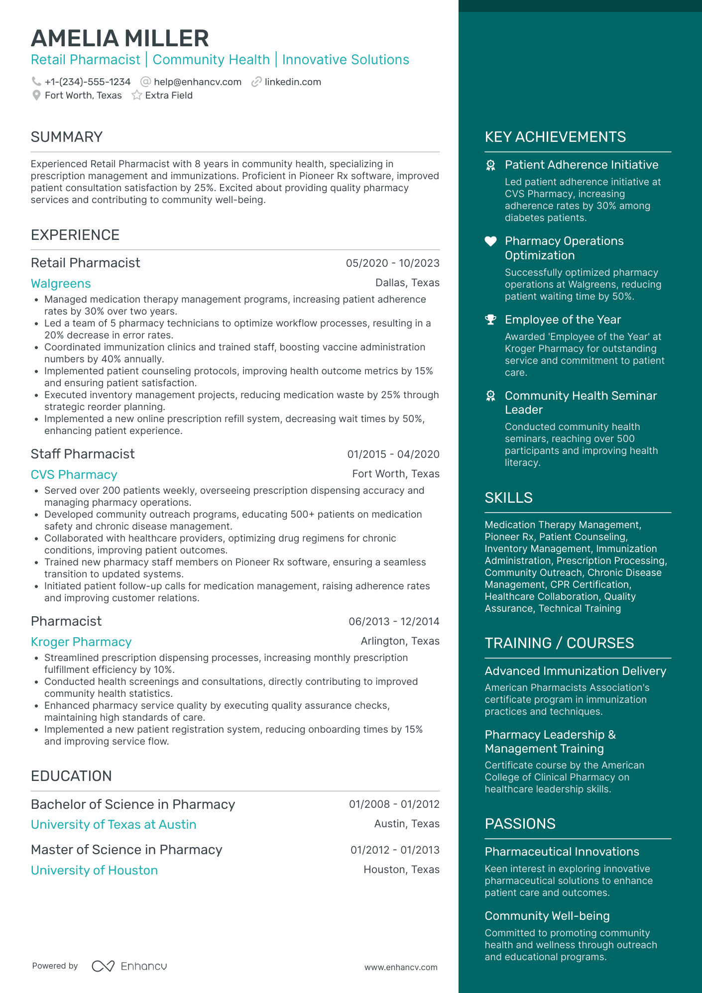 Experienced Retail Pharmacist Resume Example