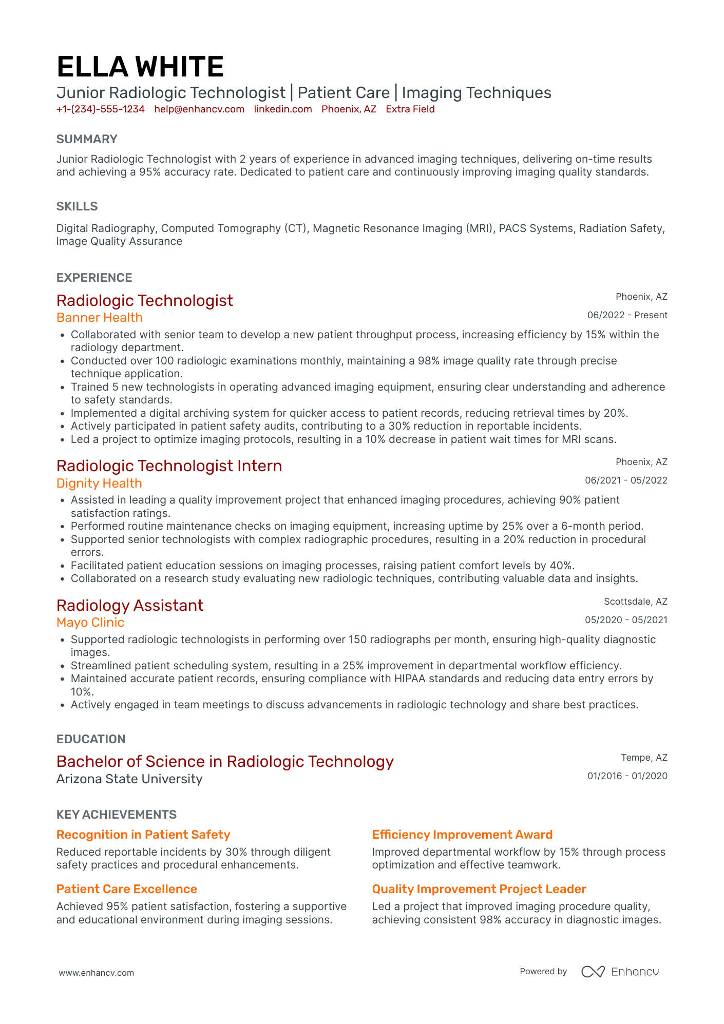 Junior Radiologic Technologist Resume Example