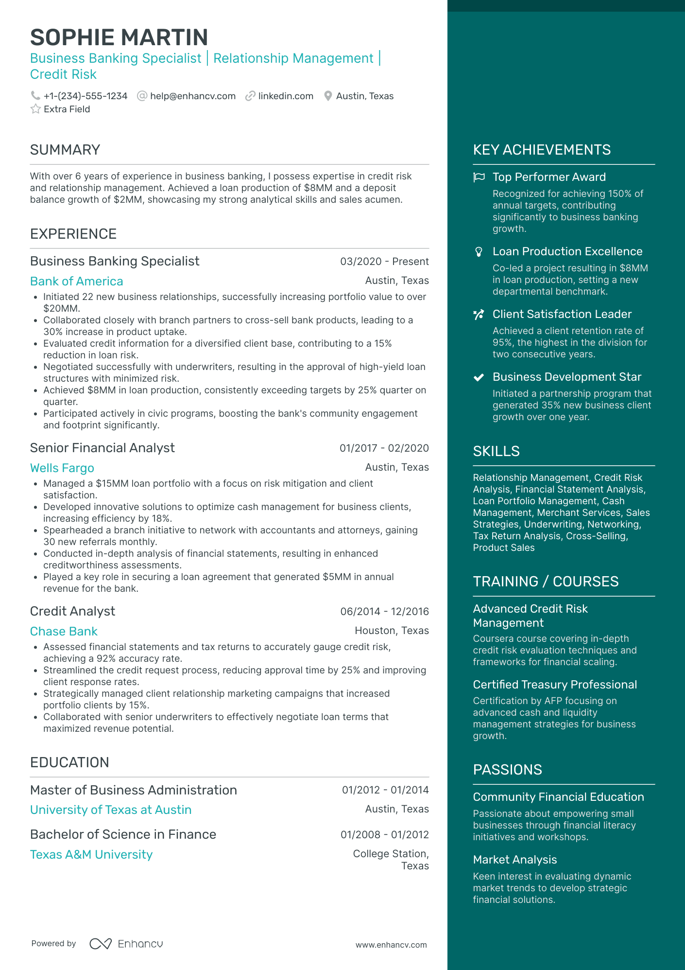 Personal Banking Relationship Manager Resume Example