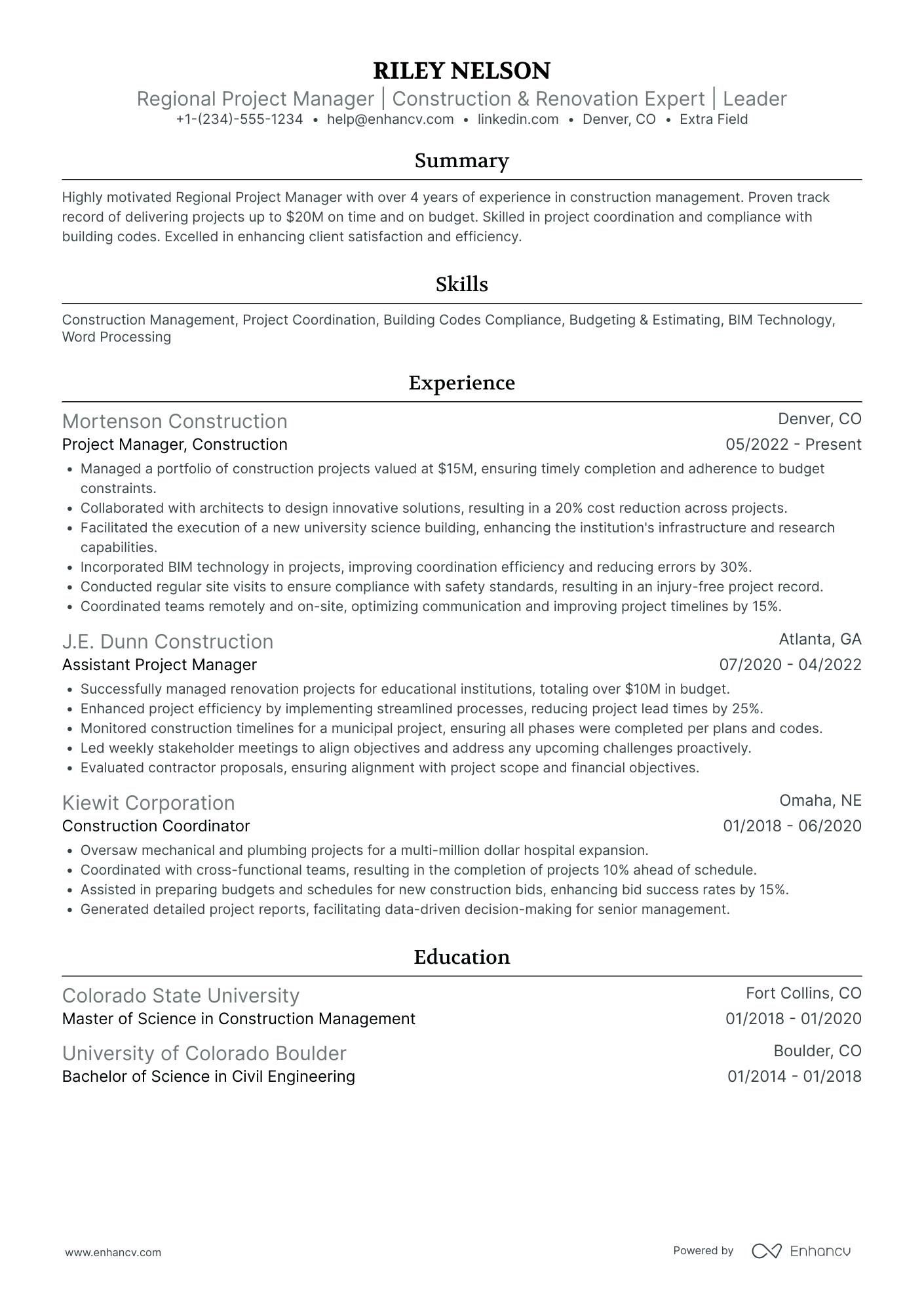 Regional Construction Project Manager Resume Example