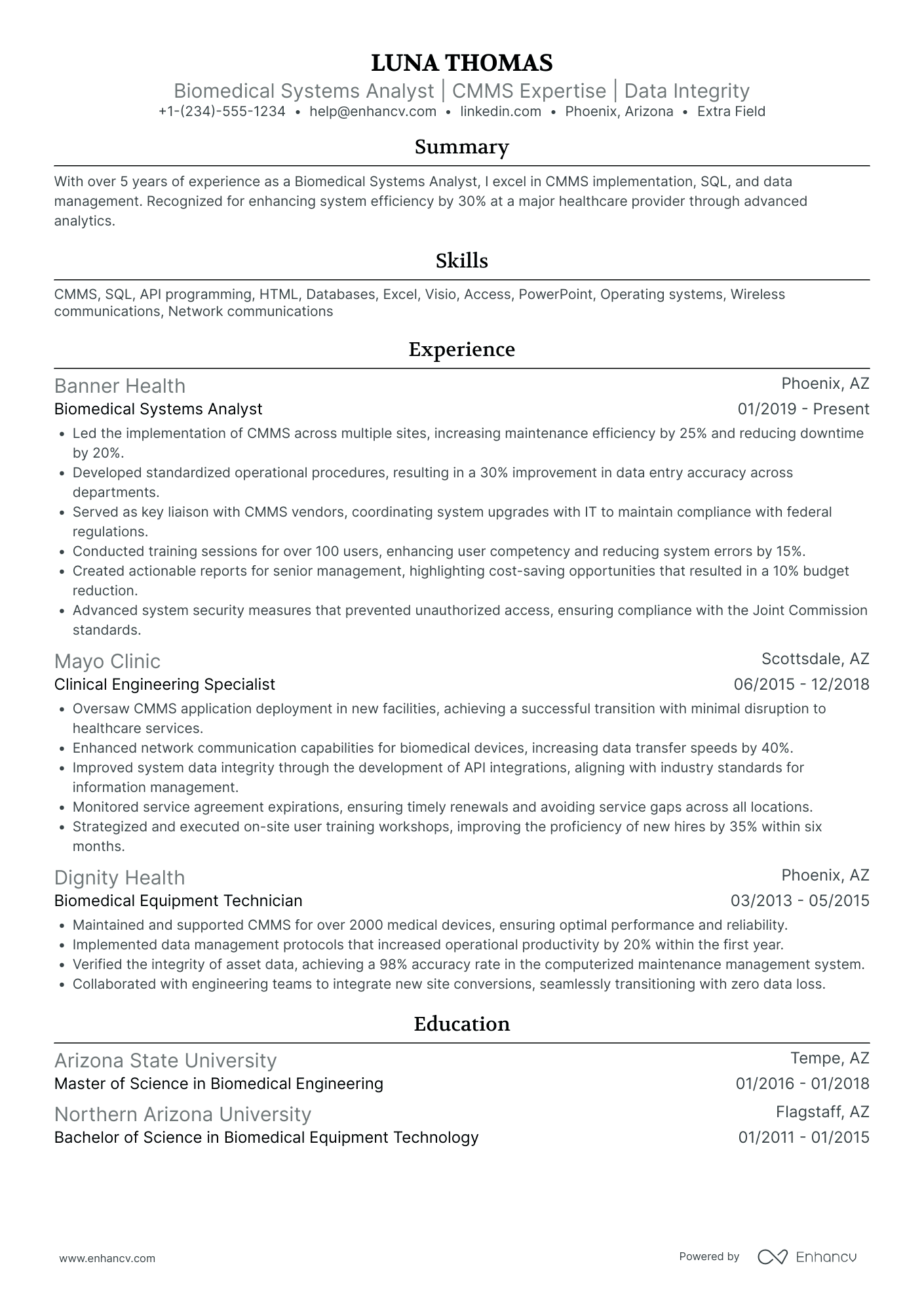 Biomedical Engineering Analyst Resume Example