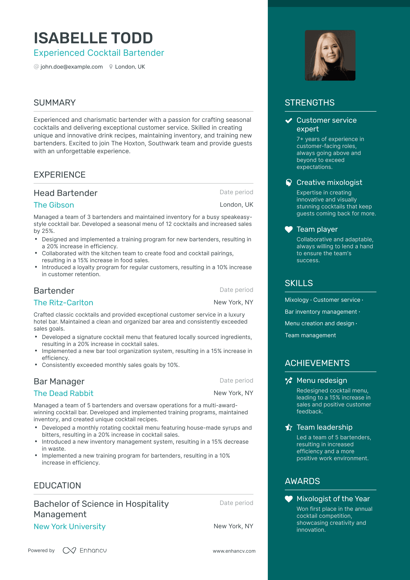 15 Bartender Resume Examples & Guide for 2024