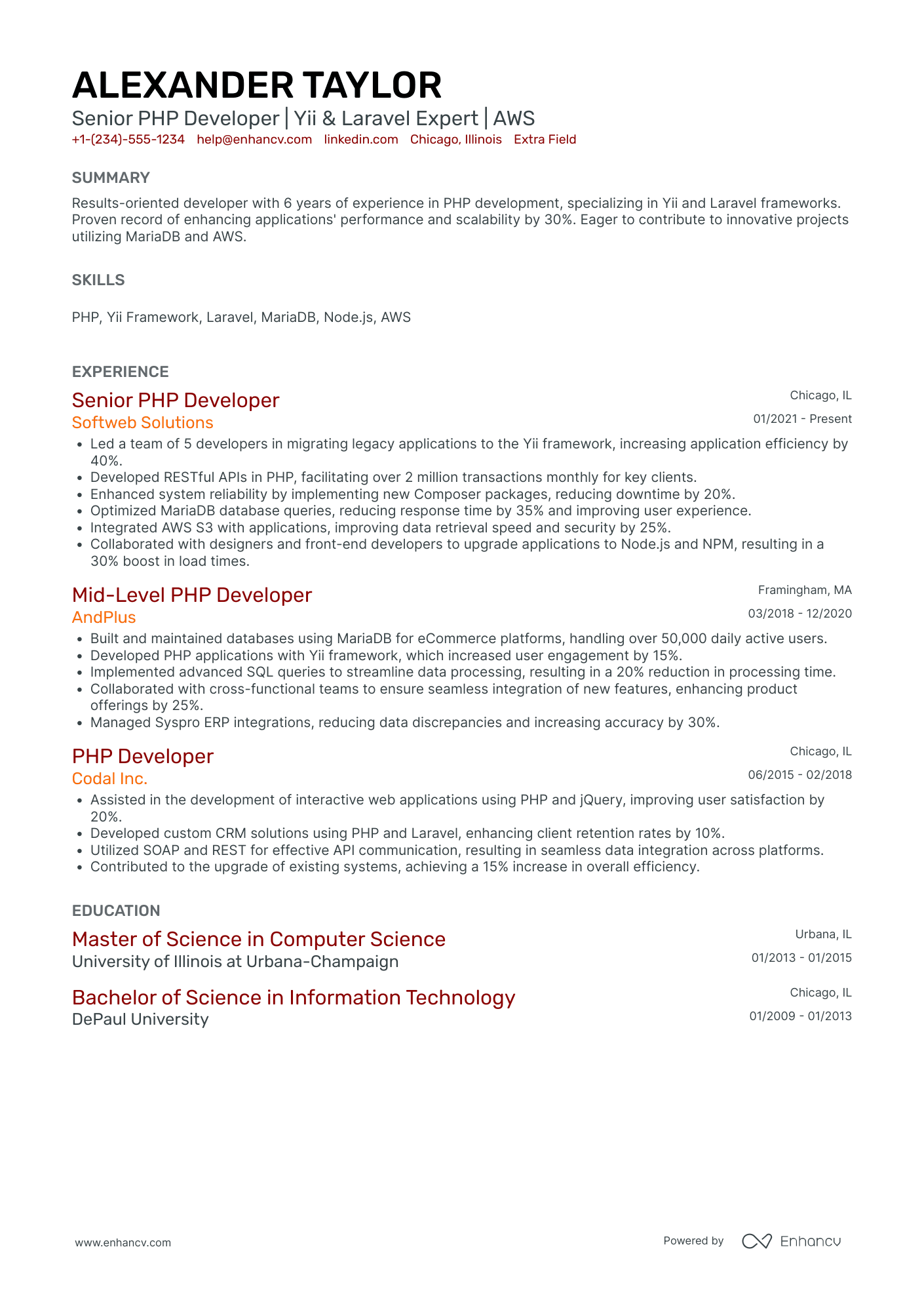 Lead PhP Developer Resume Example