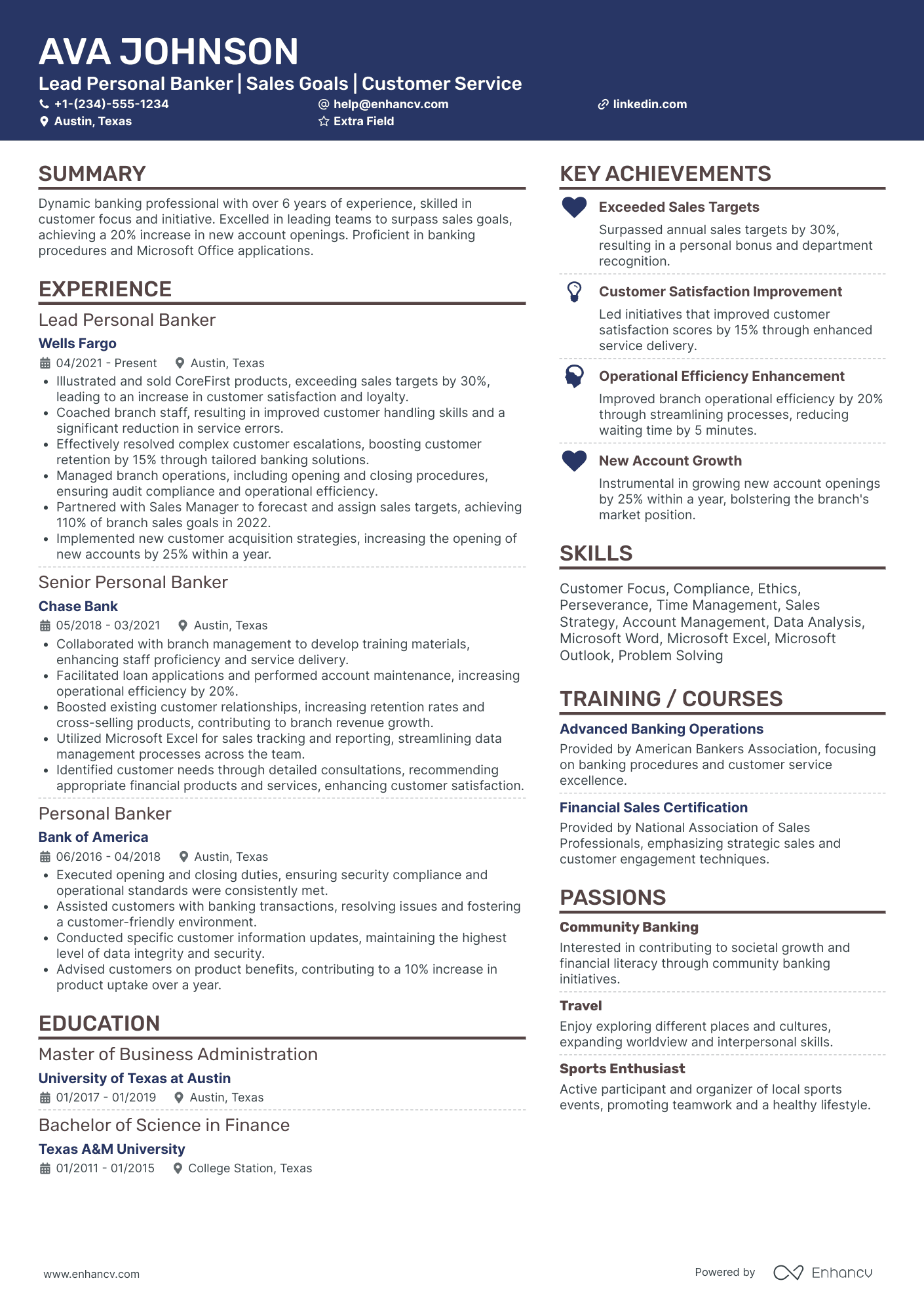 Lead Personal Banker Resume Example