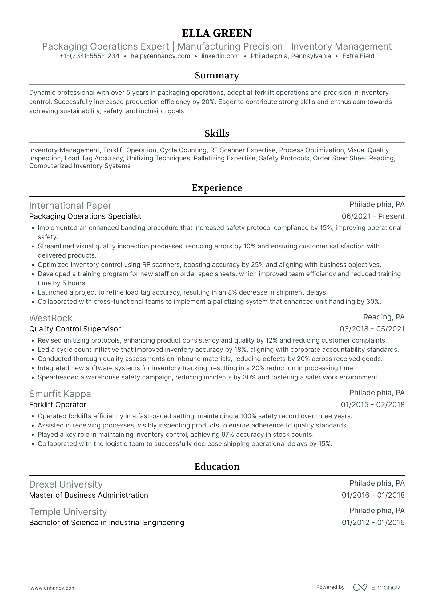 Certified Forklift Operator Resume Example